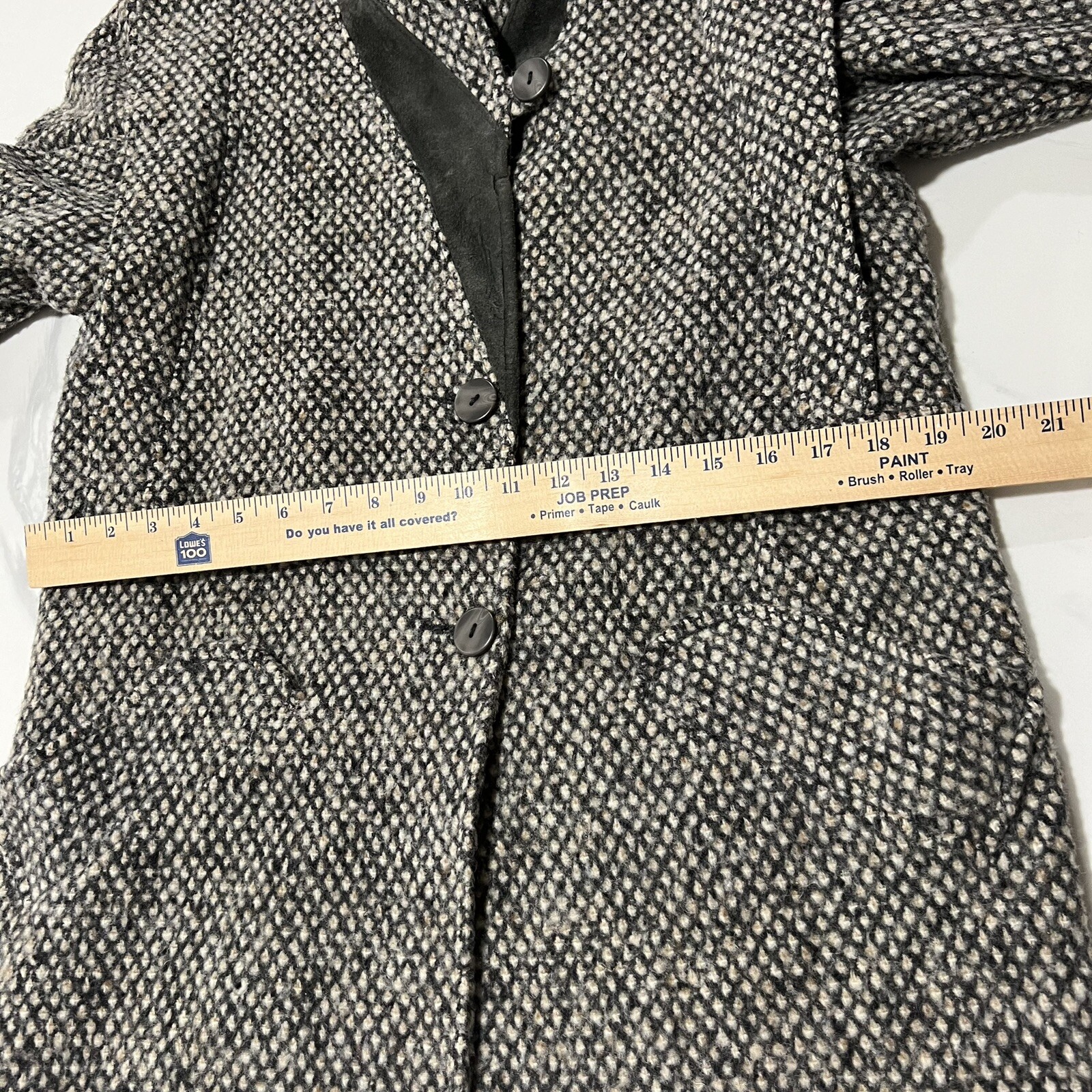 Vintage 80s Donnybrook Wool Blend Suede Trim Mid Length Diamond Tweed ILGWU USA