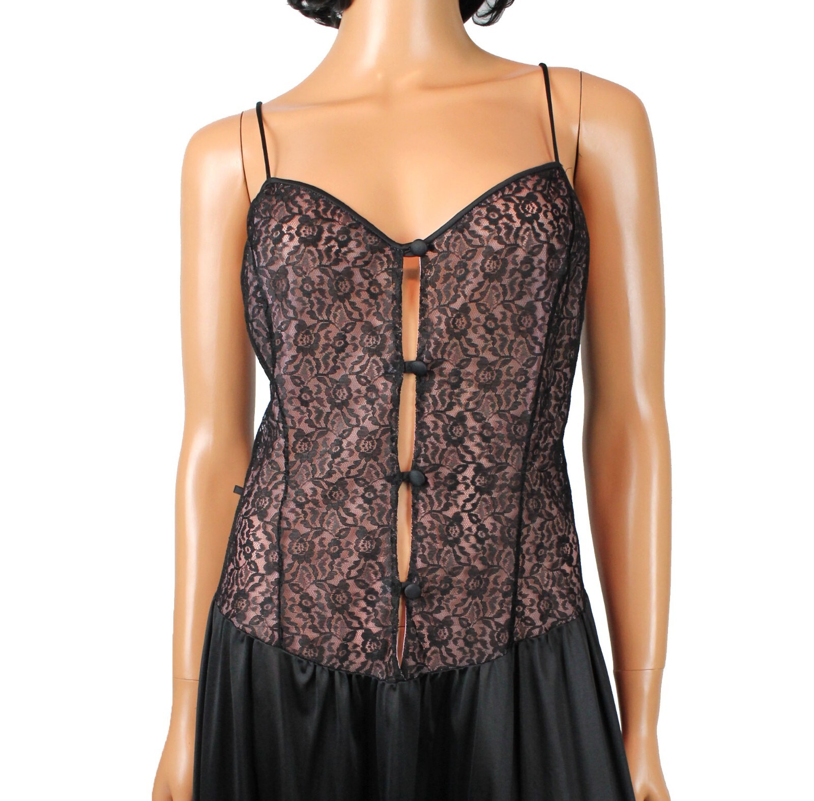 Vintage 70s Nightgown Sz M L Black Lace Illusion Pink Chiffon Long Sleeveless