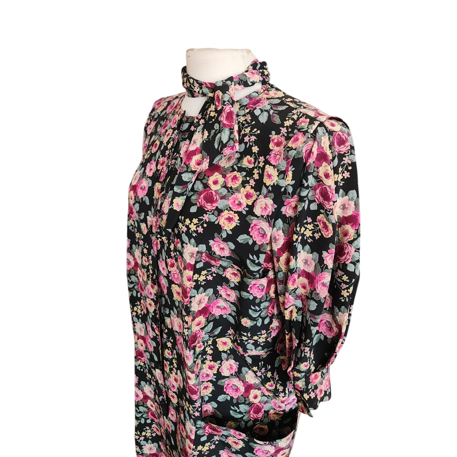 Vintage 1980s UNGARO Silk Floral Print Dress Necktie Sash Button Down Front