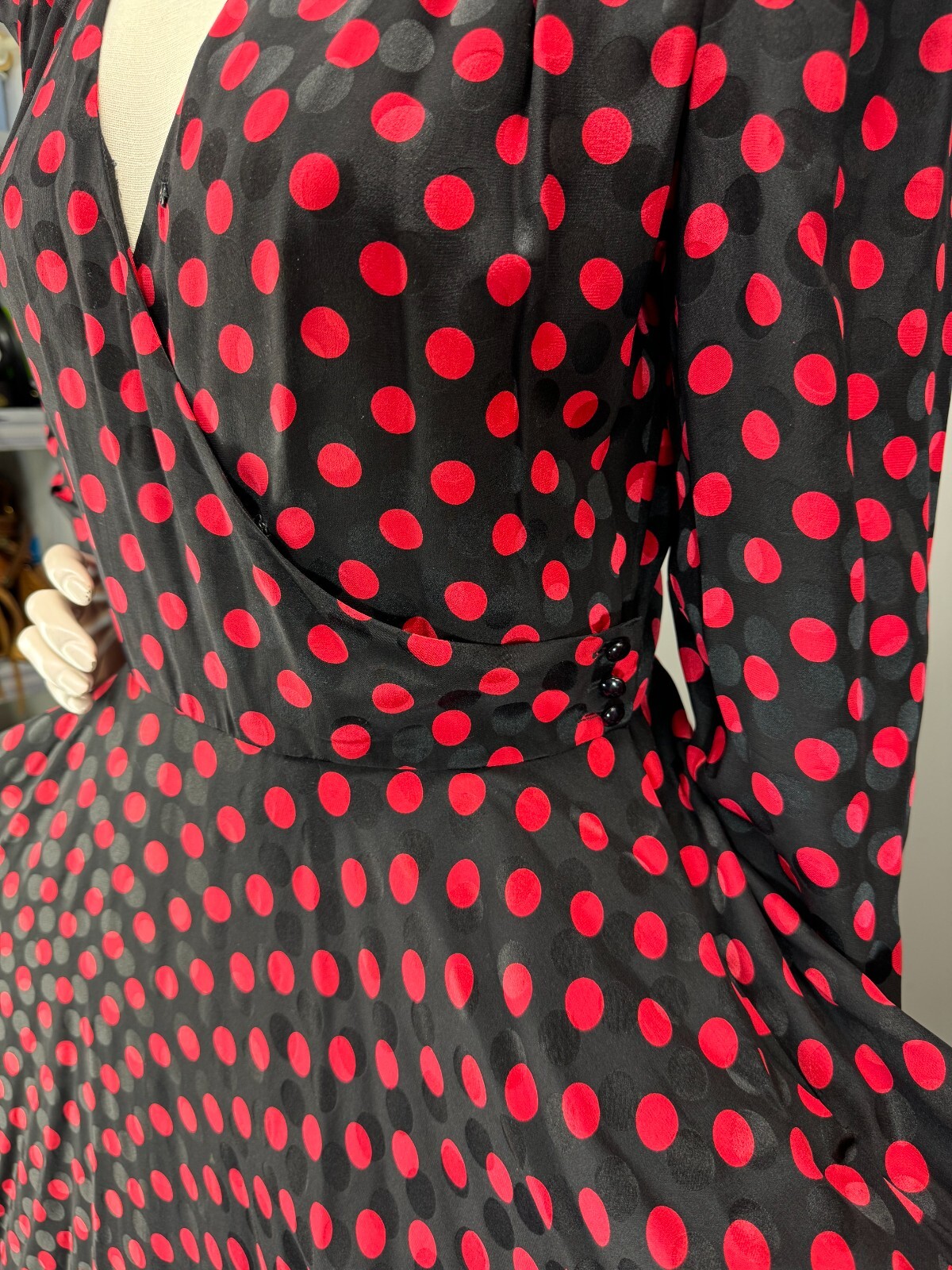 80s Silk Designer Wrap Shirt Dress Albert Nipon Polka Dot Red Black 200+ sweep!!