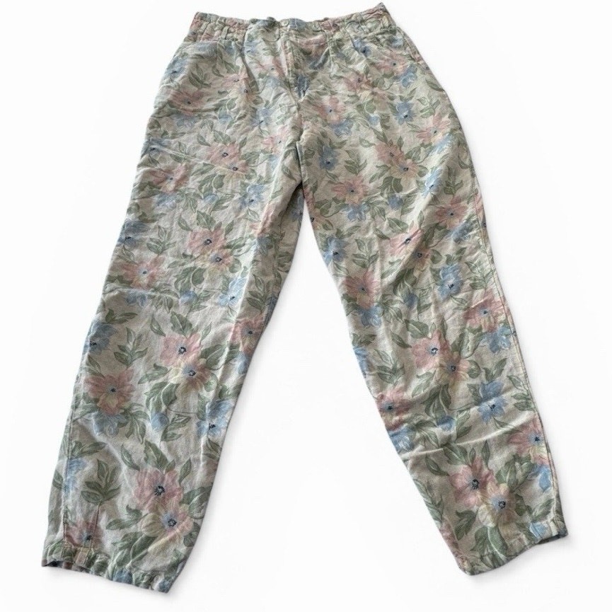 Vintage 90s Pastel Floral Linen Pants TARAZZIA Size Large Cottage Coastal Boho