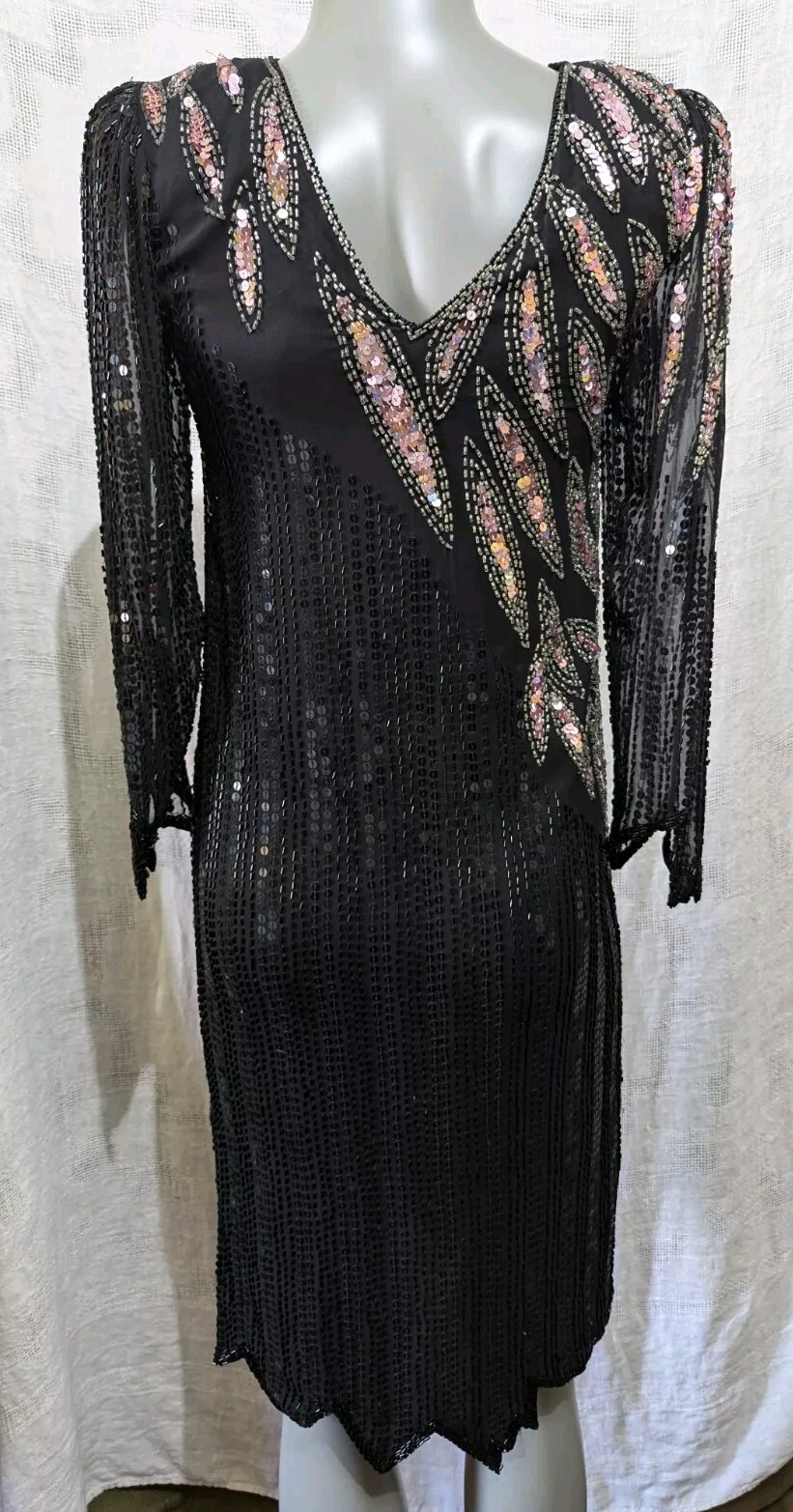VTG Sho Max Originals Black Pink Silk Beads & Sequins Cocktail Dress PS