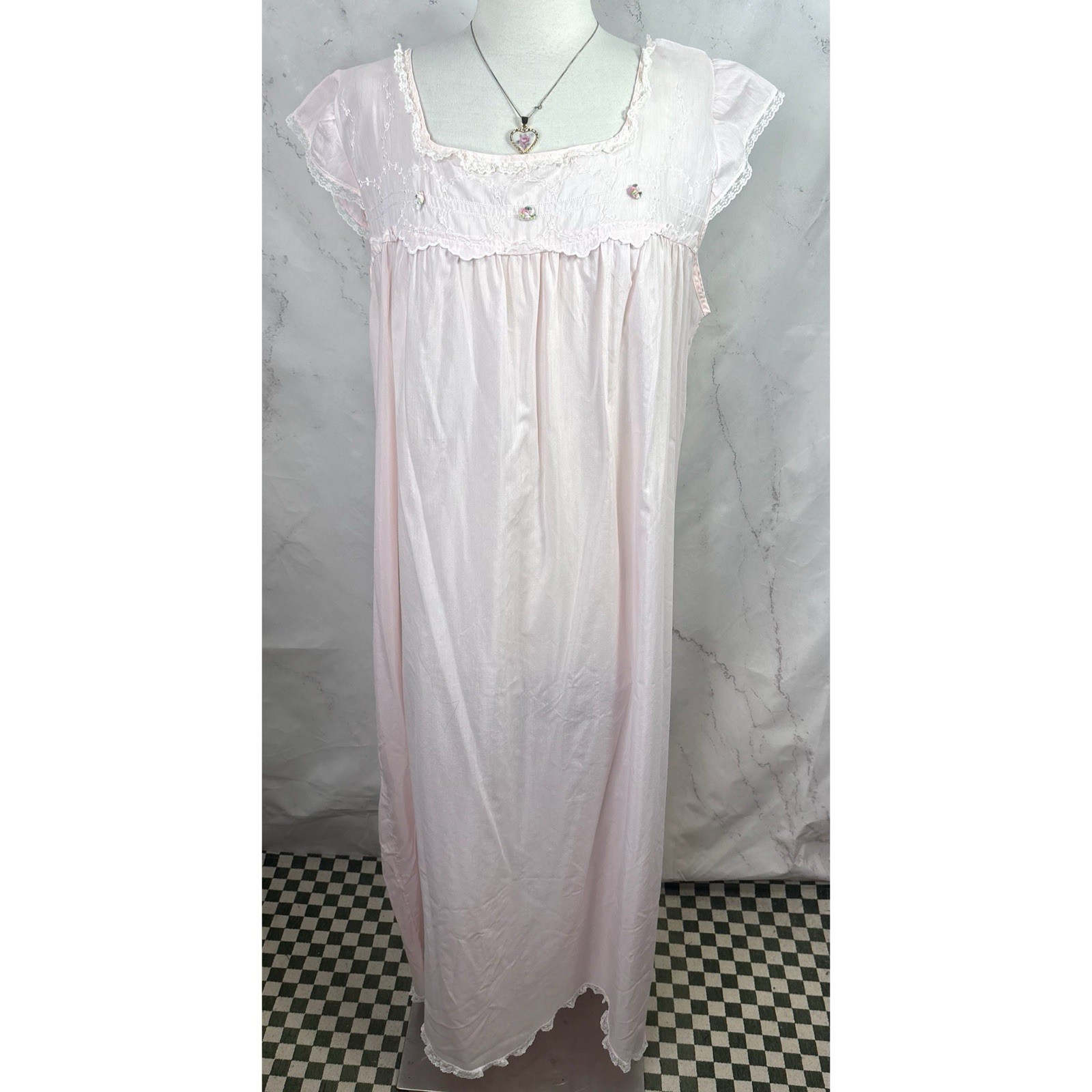 Vintage Prairie Babydoll Cotton Nightgown Dress Lace Trim Cottagecore Pink L