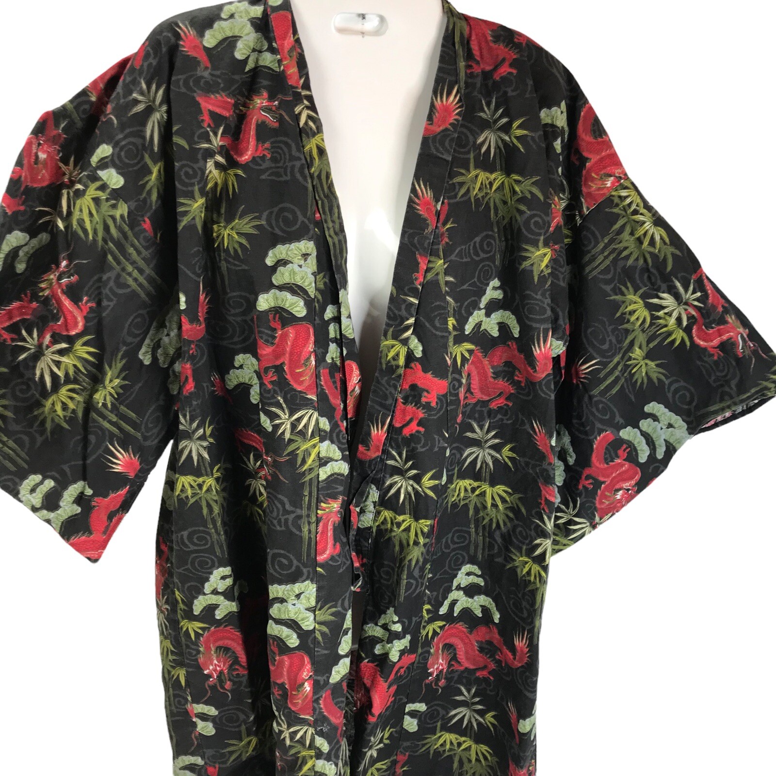 Vintage Kimono 90s Chinese Dragons Palm trees open front Oriental one size short