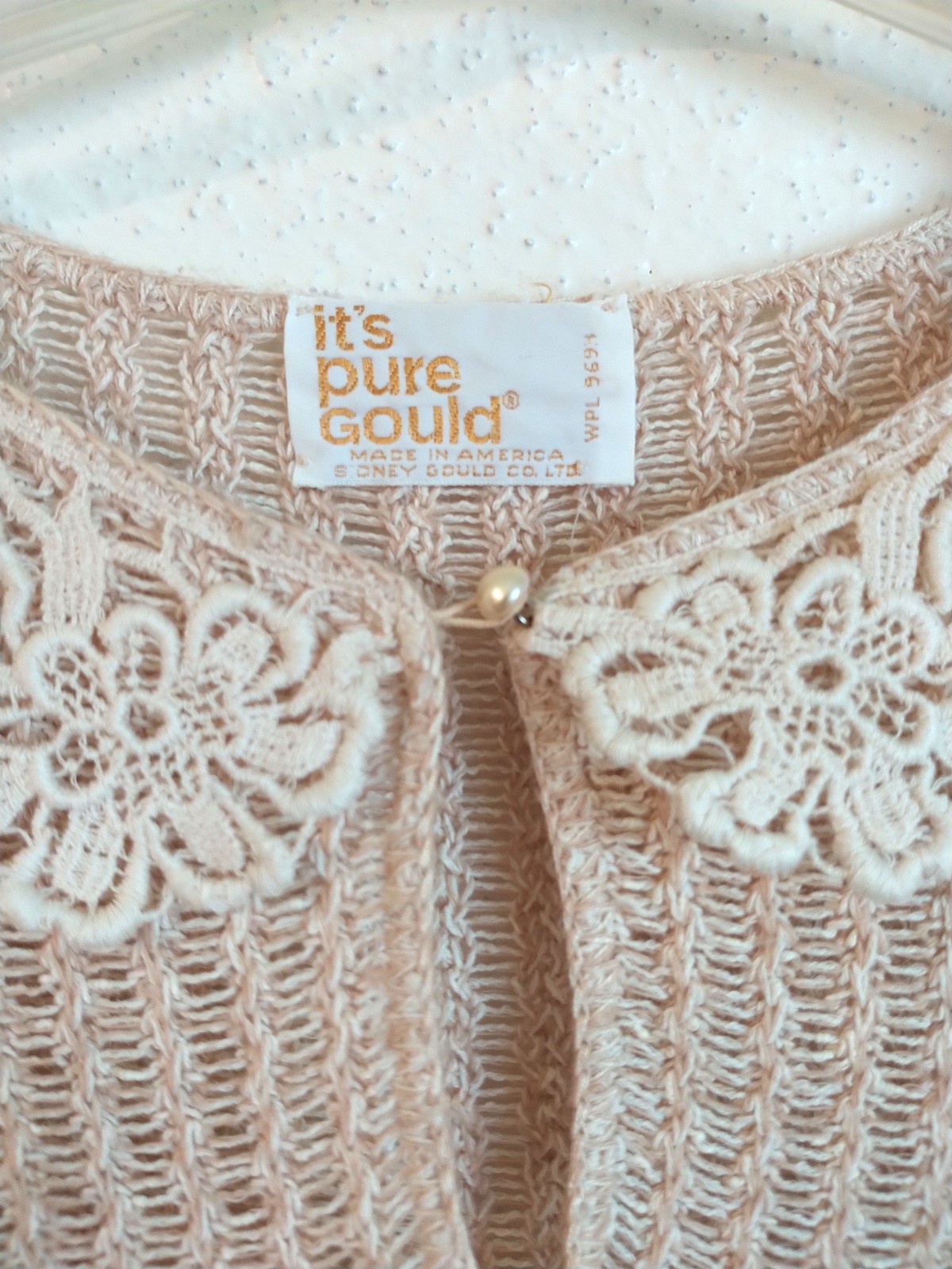 Vtg 70s Its Pure Gould Open Knit Top Womens Size Small Cream Crochet Collar