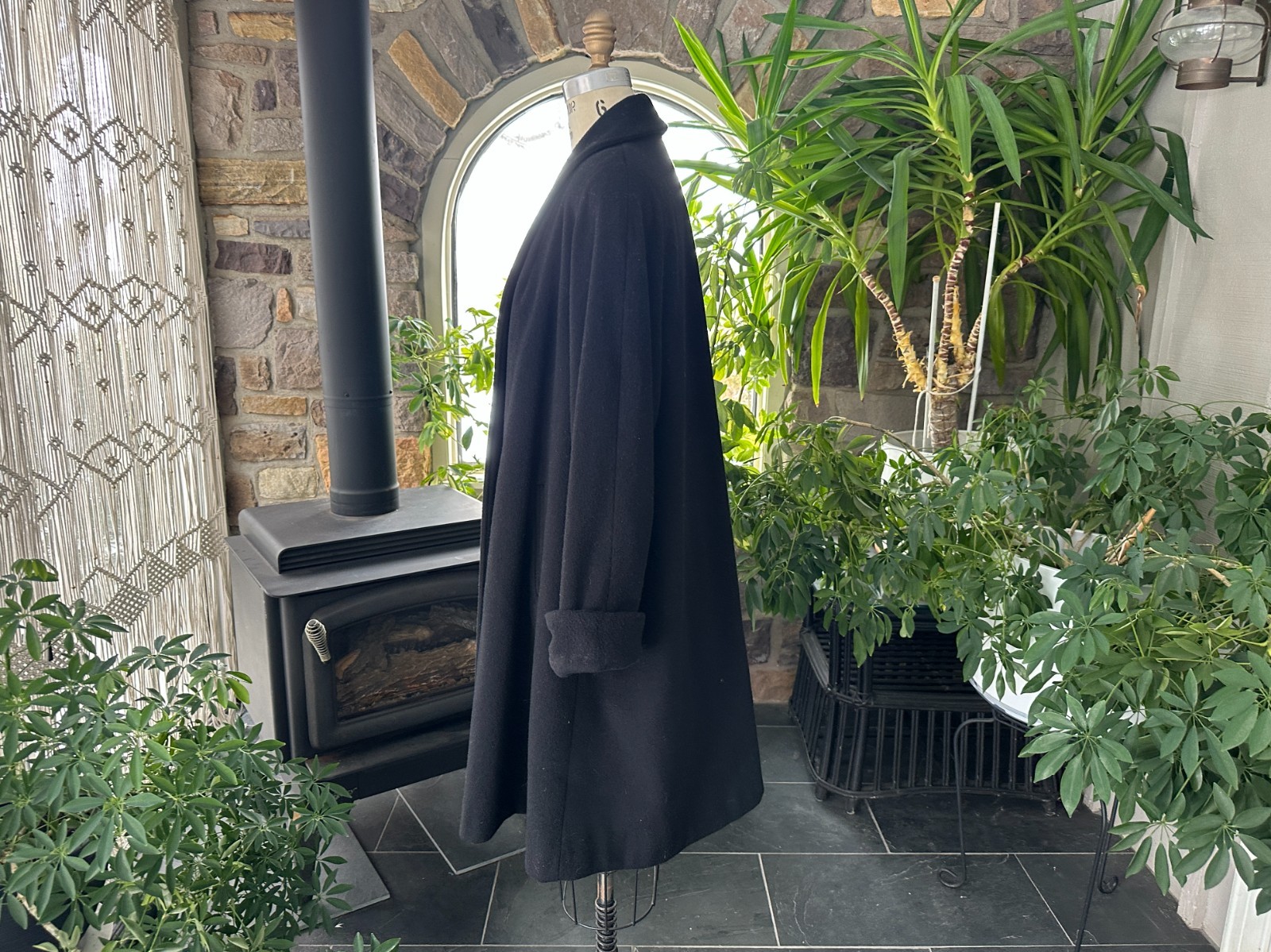 Vintage 1980s Black Wool Blend Open Front Swing Coat Herman Kay