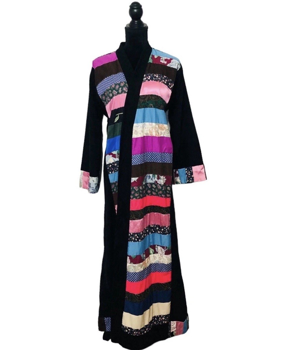 Vintage 60s 70s Velvet Patchwork Duster Jacket Long Maxi Coat Large / XL