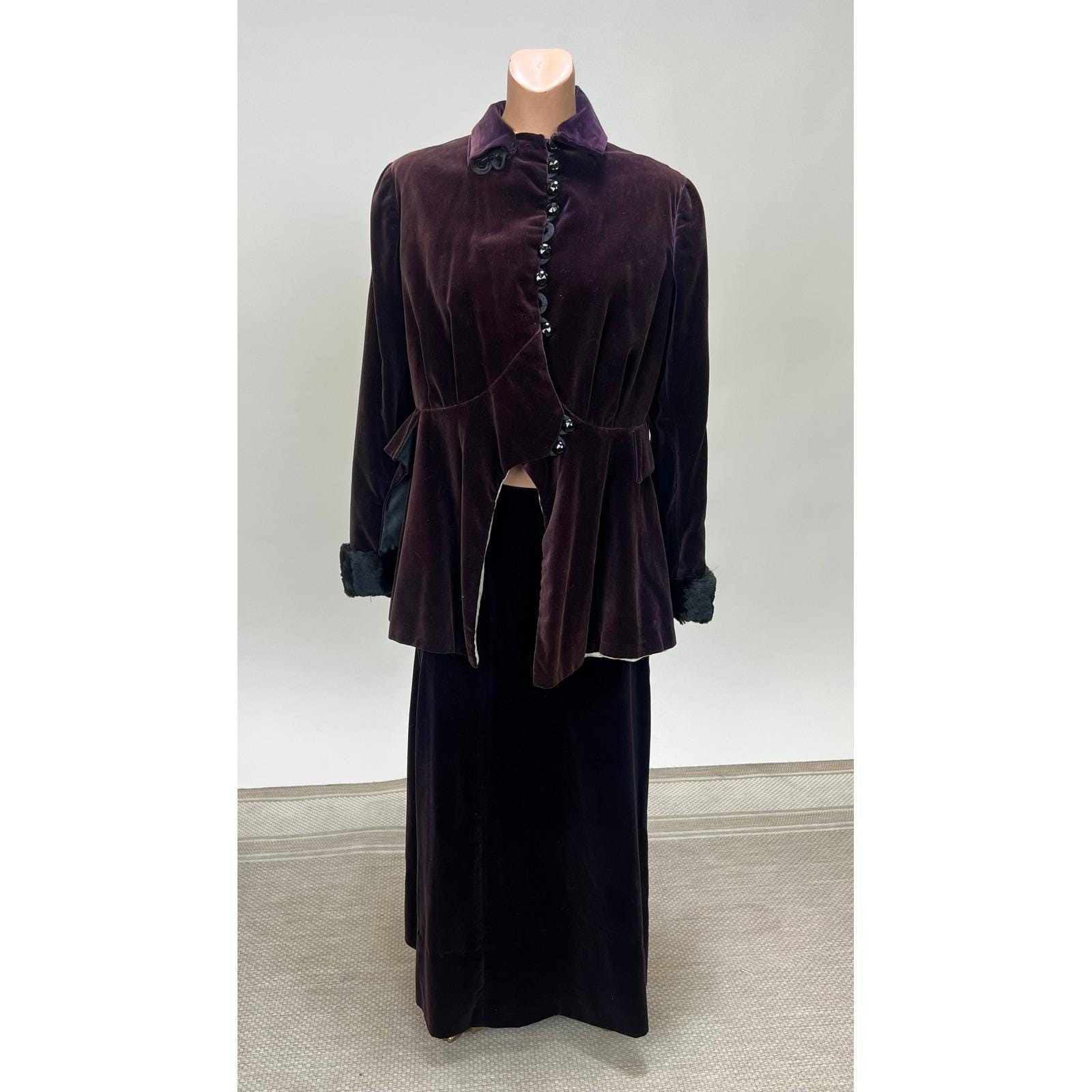 Antique 1900’s Ladies purple velvet walking suit jacket skirt two piece