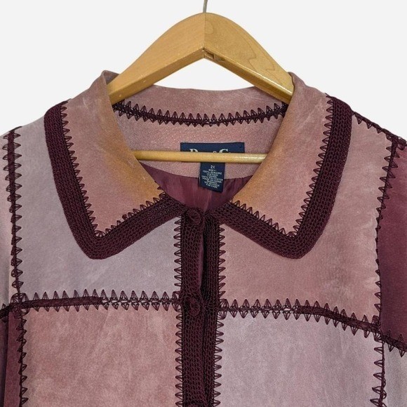 Denim & Co Genuine Leather Patchwork Crochet Jacket Mauve Pink 2X
