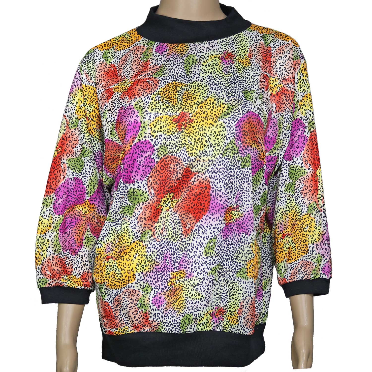 80s Vintage Top Shirt Blouse Colorful Leopard Animal Floral Print New Wave Large