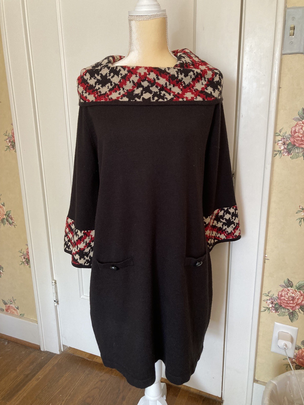 VTG Andrew Marc Dress Houndstooth Collar/Cuffs Size PL Sophisticated Holiday