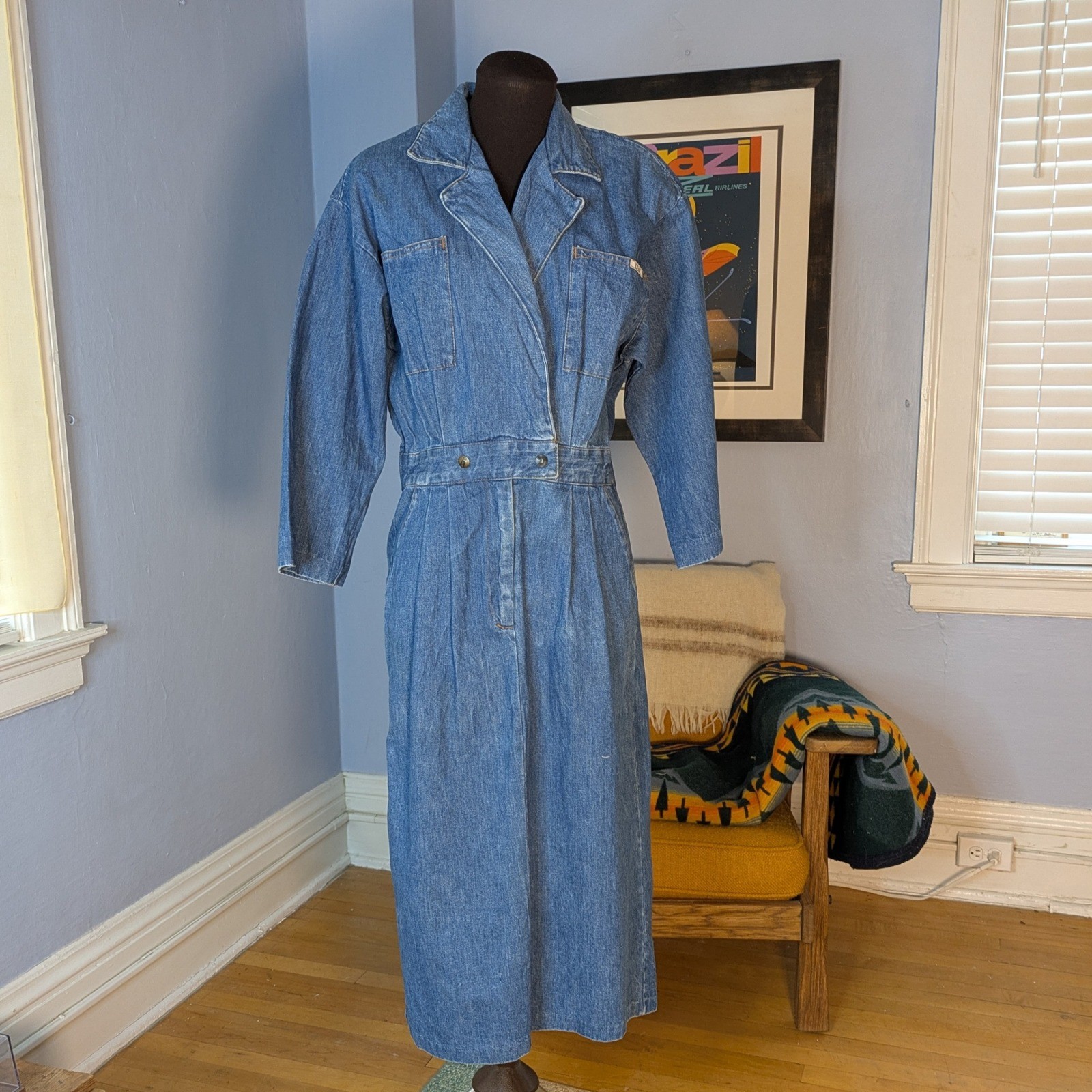 Vintage Ideas Denim Midi Dress Blue Wash 3/4 Sleeve Button Waist Size 9/10 80s