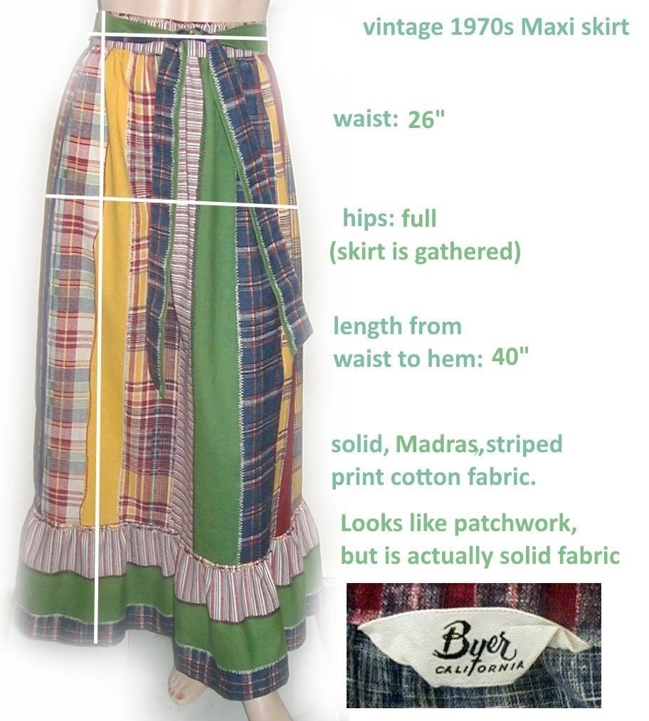 Byer MAXI SKIRT Madras Plaid Print RUFFLE Hem Ties 1970s Cottage BOHO Hippie 26W
