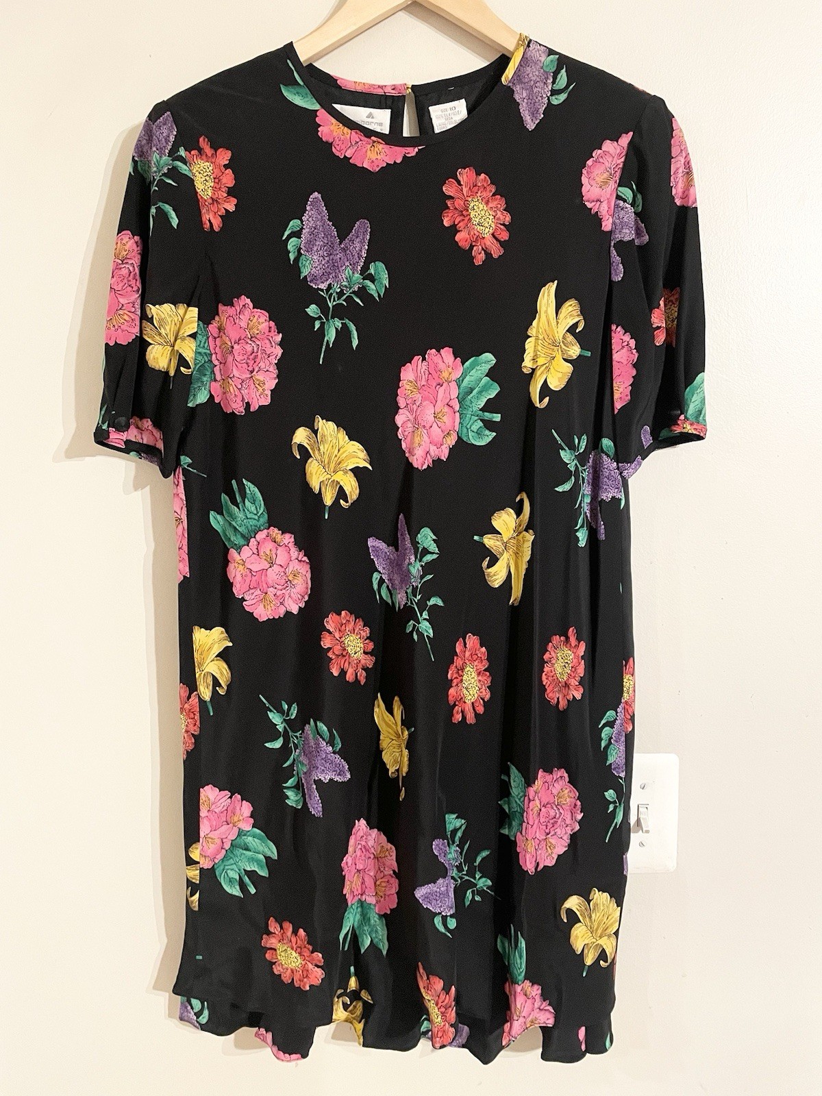 Vtg 80s Liz Claiborne Womens Dress Sz 10 Black Floral Dress Silk Crew Double Hem