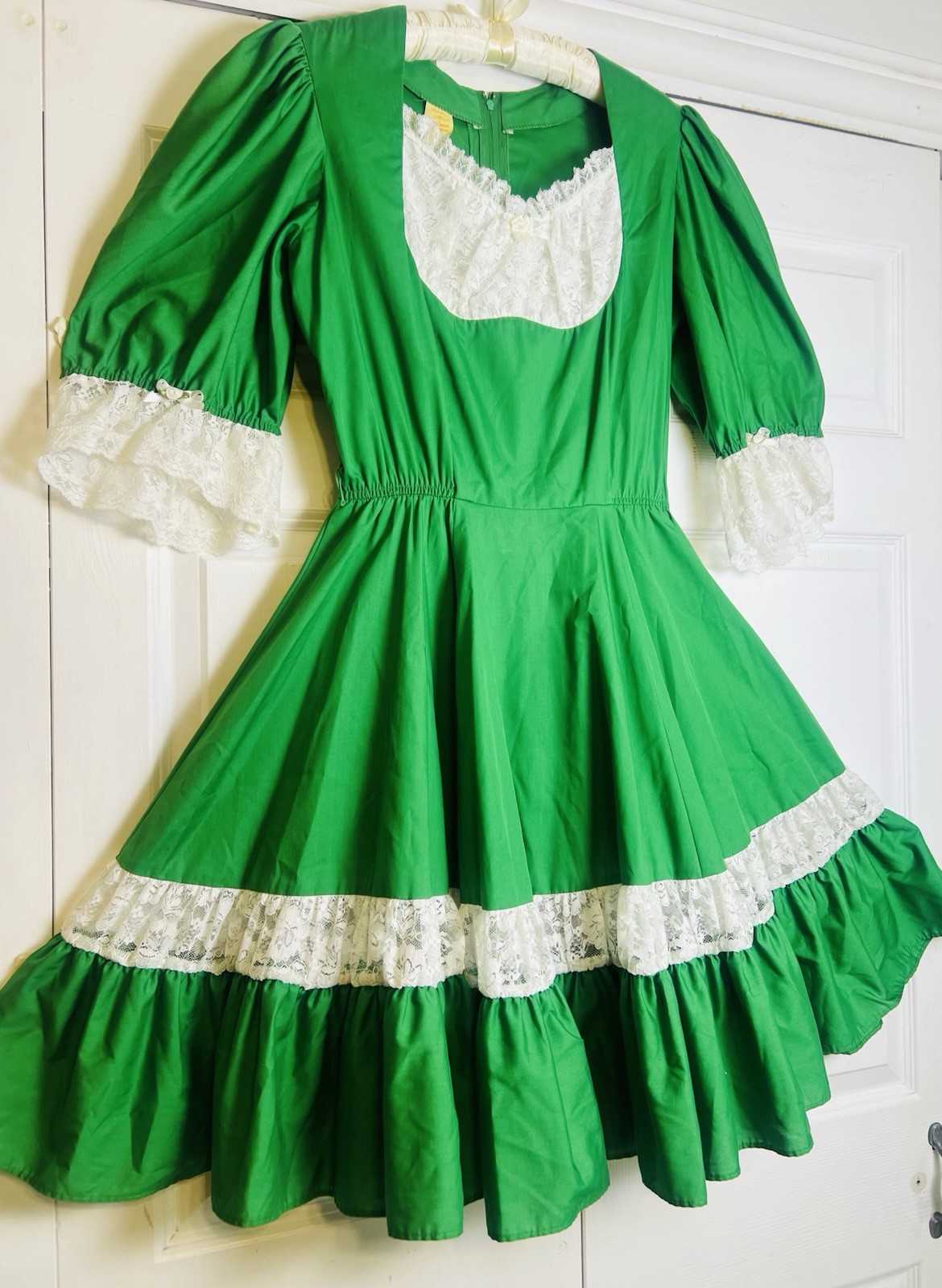 Vtg Partners Please Green White Lace Trim Flare Swing Square Dance Dress Size 12