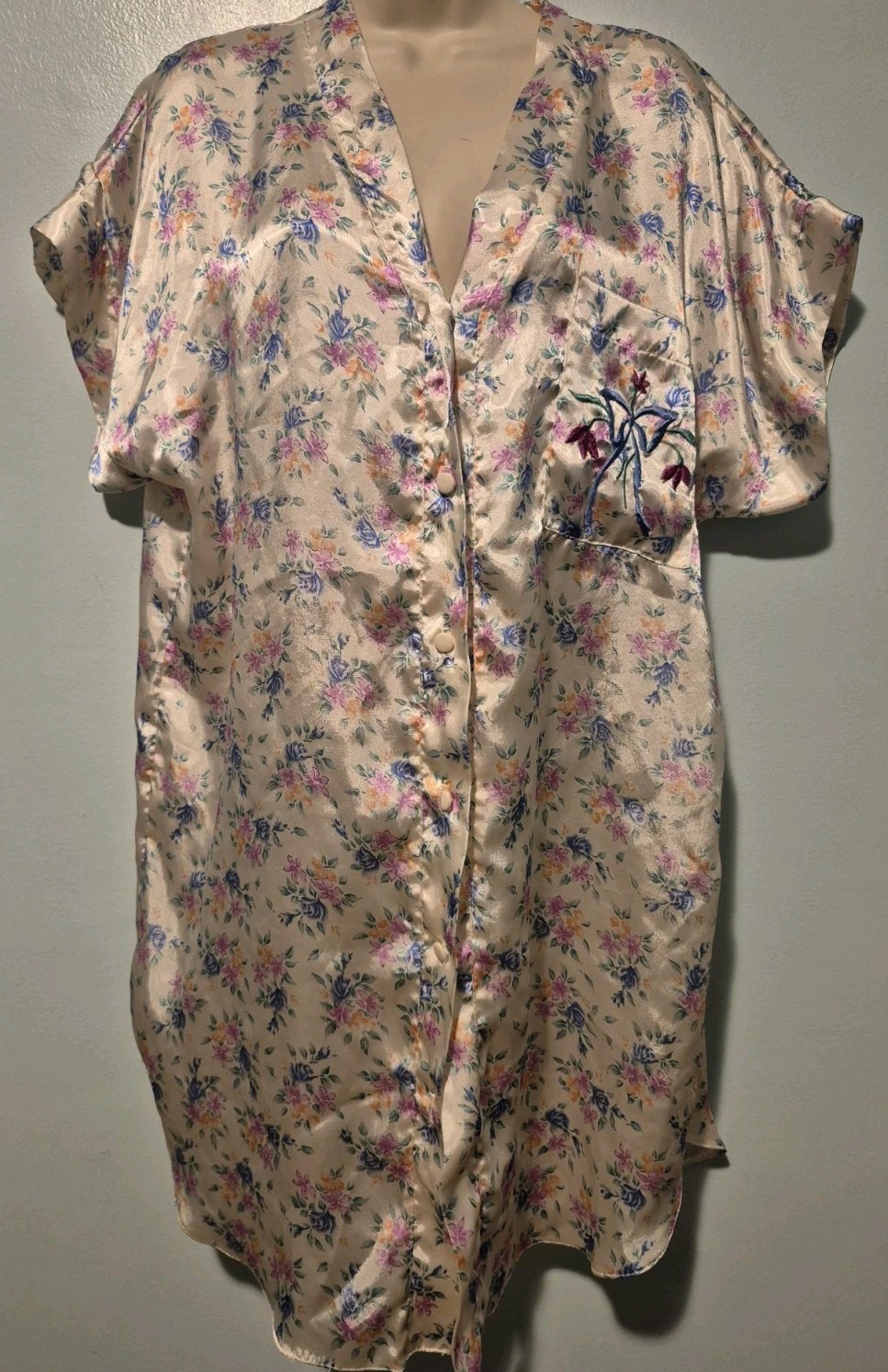 Vintage Natalie Creations Satin Floral Button Front Night Shirt Women’s Sz L …