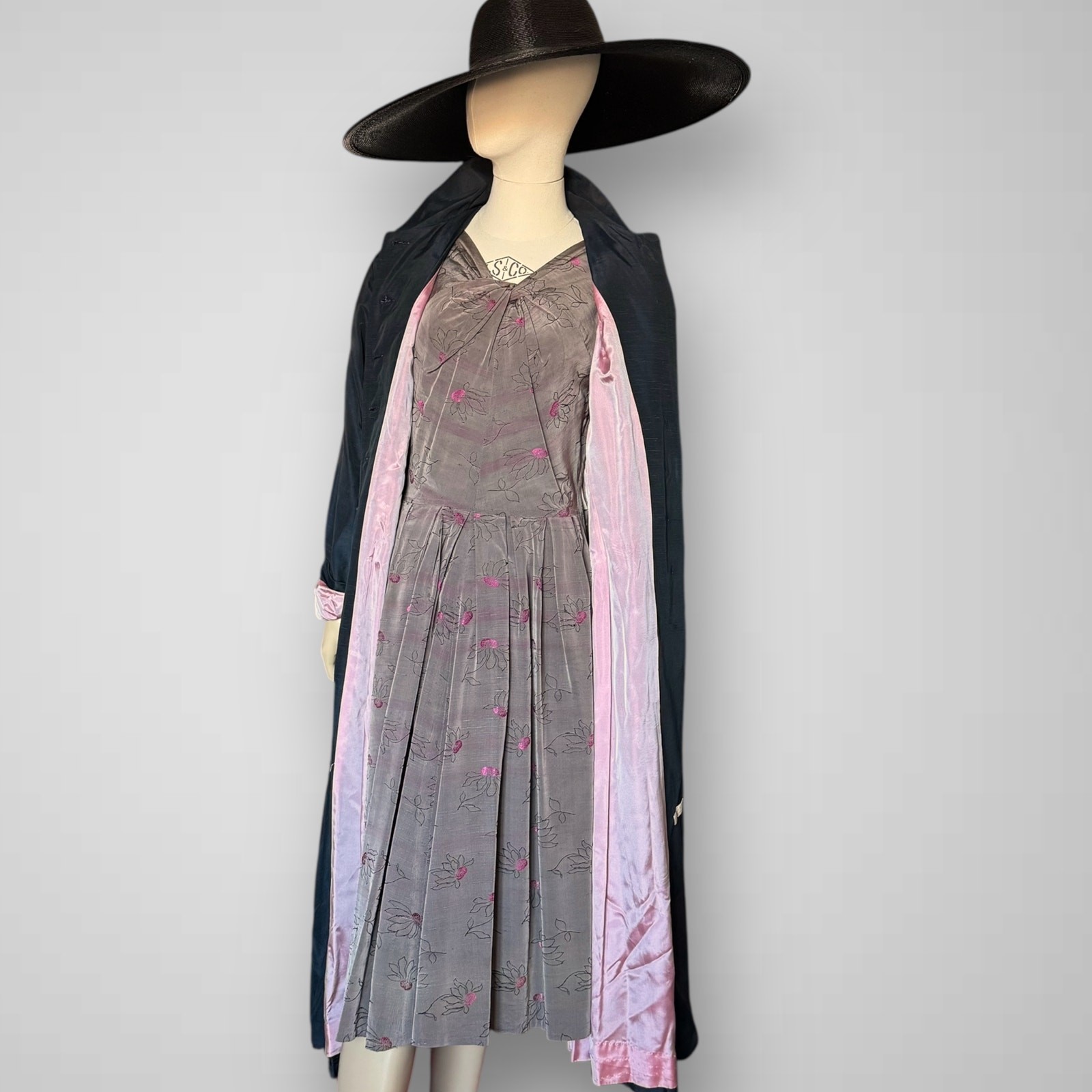 Vintage 1940s New Look Black Silk Duster Princess Coat Button Front Jacket Small