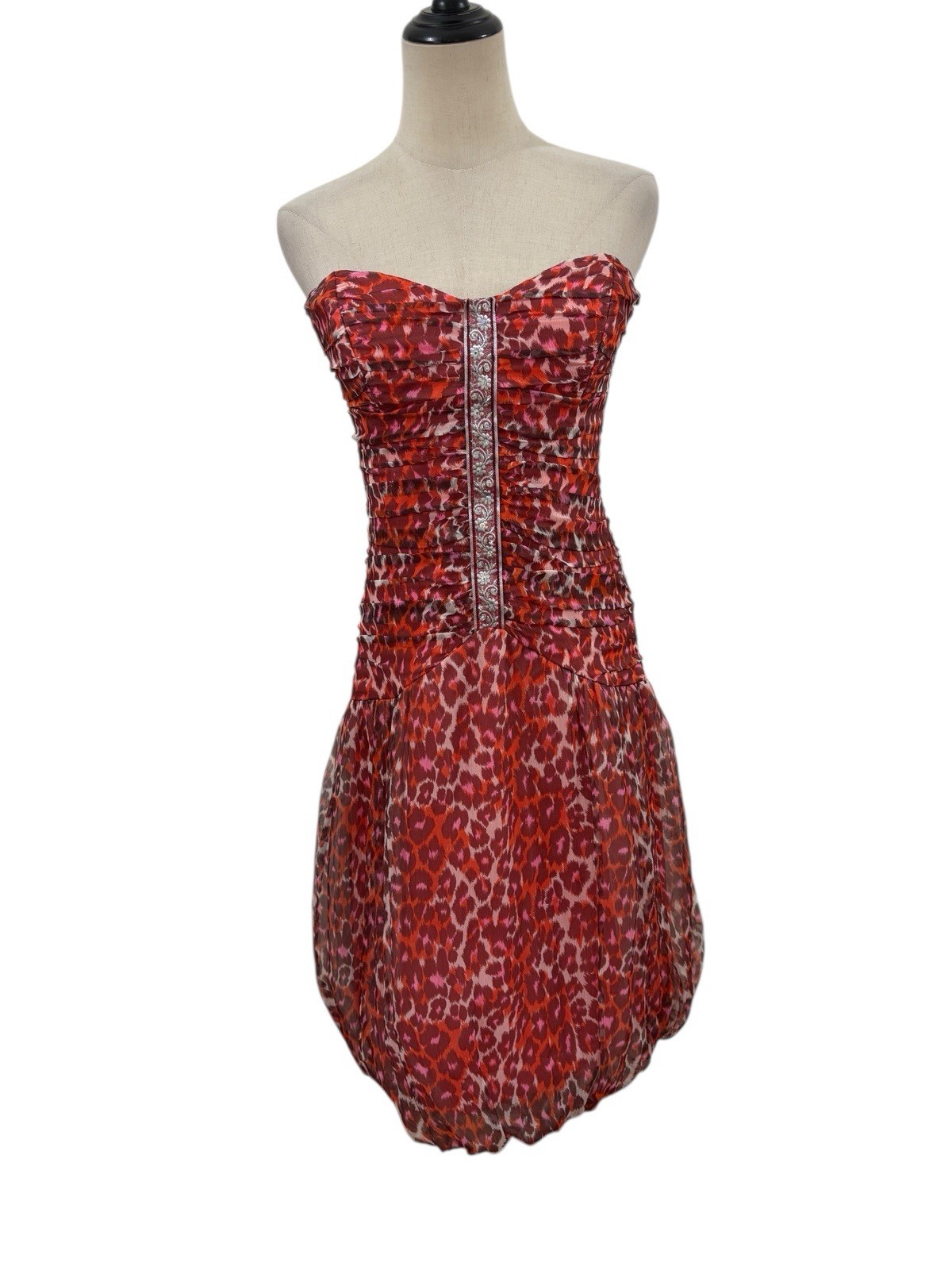 Vtg 90s Nicole Miller Silk Dress Animal Print Beaded Pink Red Sz 6 Bubble Hem