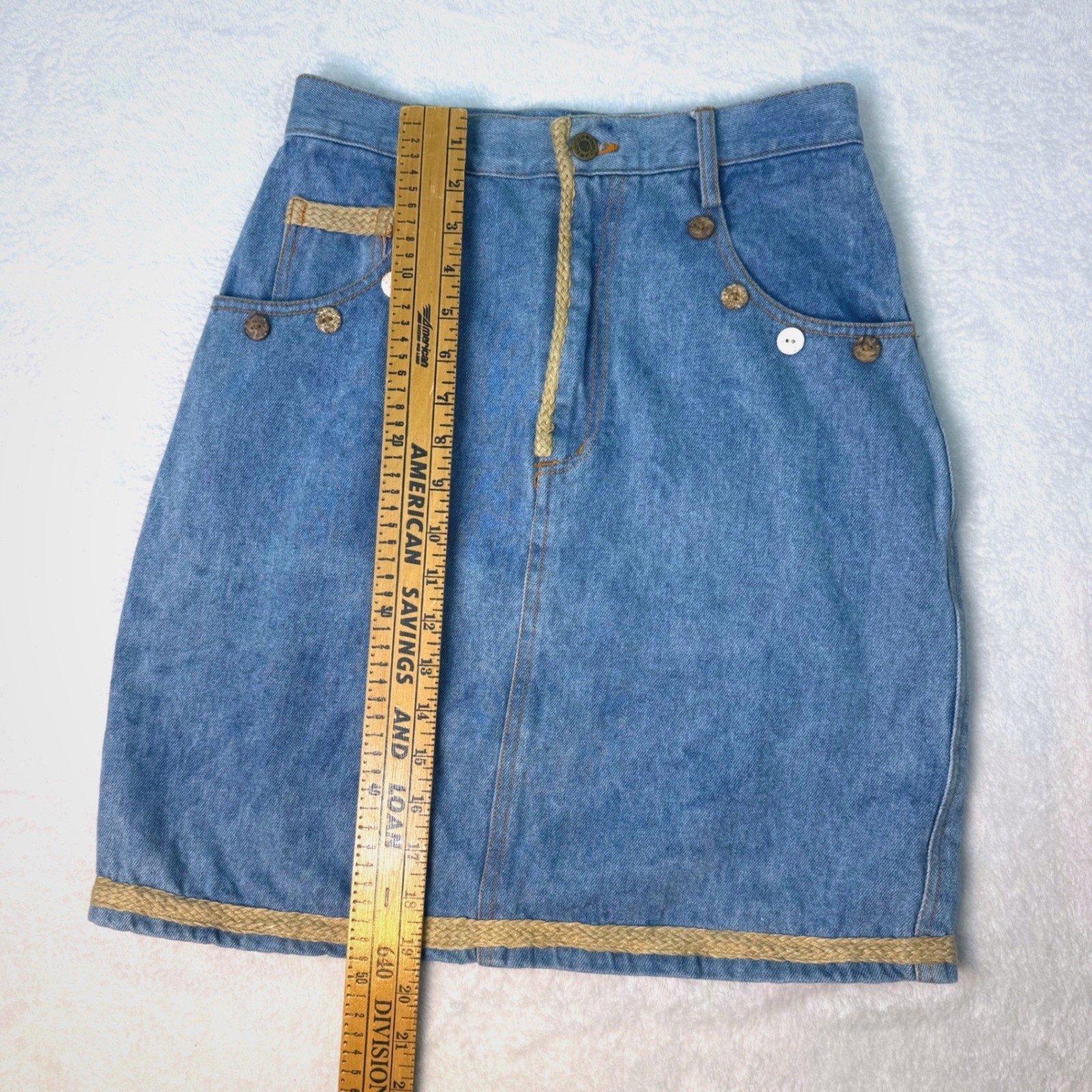 Vintage Y2K Bonjour Denim Mini Skirt Light Wash Rope Trim Button Sz 16 27W
