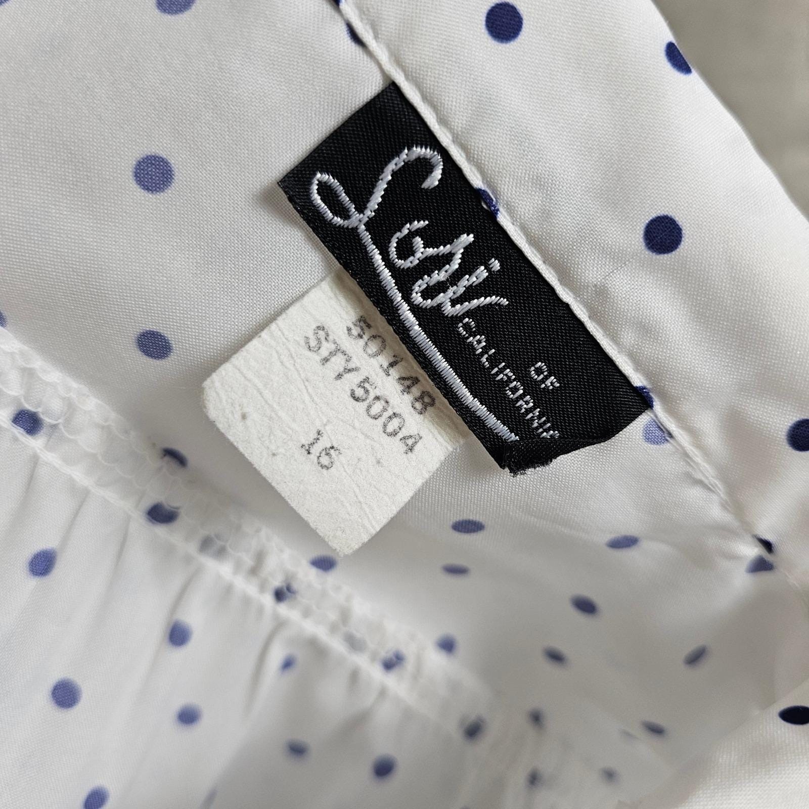 Vintage 80s 90s Lori of California L/XL Navy White Polka Dot Blouse Chic Casual