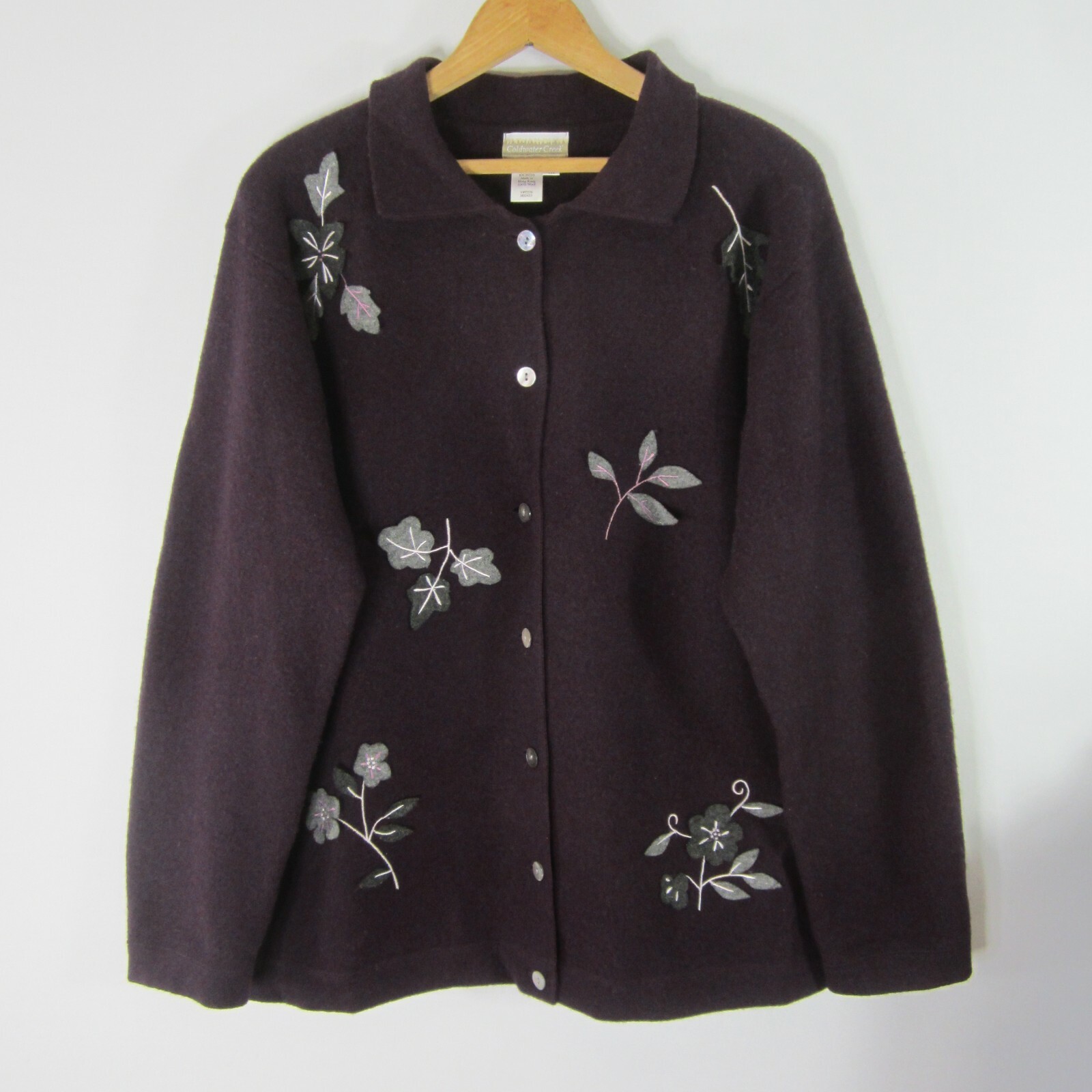 Vintage Coldwater Creek Womens M Purple Boiled Wool Jacket Coat Applique Leaves