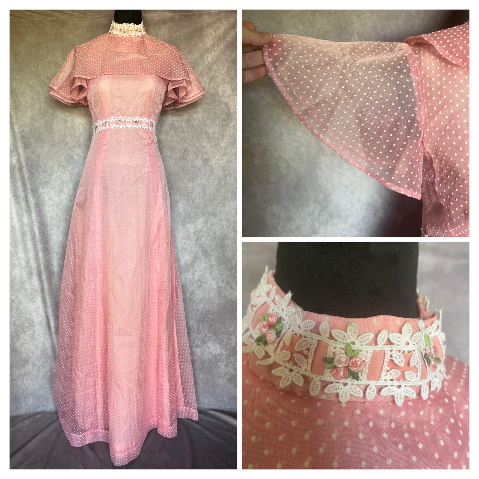 Vtg 50s 60s Pink Maxi Dress S Dotted Swiss Overlay Floral Lace Caped Gown MCM