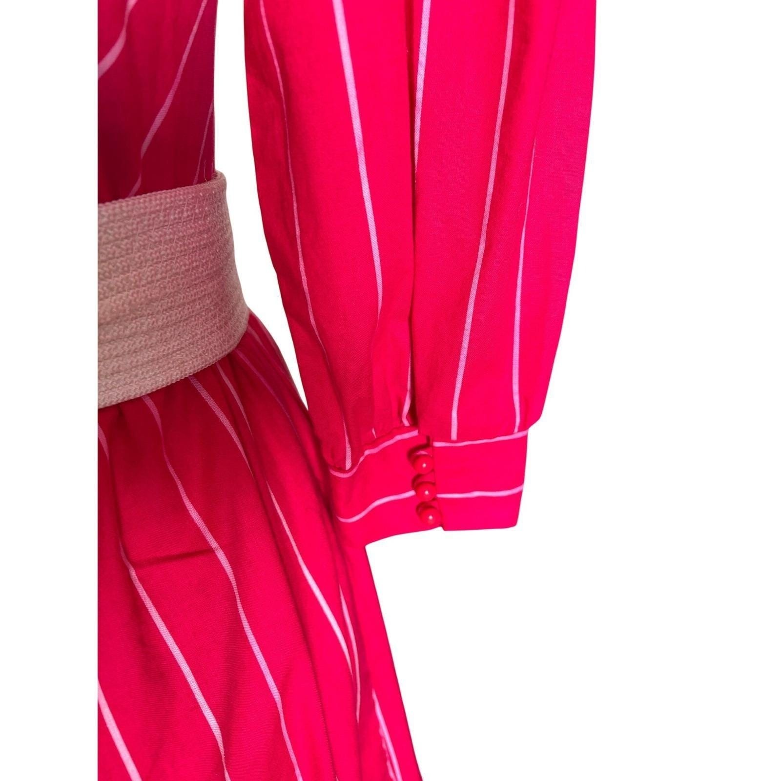 Hot Pink LGWU Midi Dress Womens Classic Union Made Pinstripe Puff Sleeve 80s USA