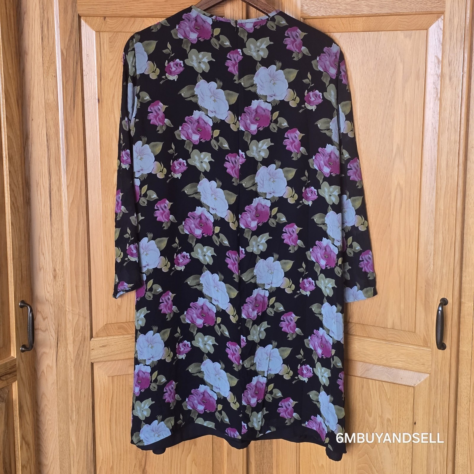 Evan-Picone Vintage 90s Silk Floral Midi Dress 12 Black Pink Purple 3/4 Sleeve