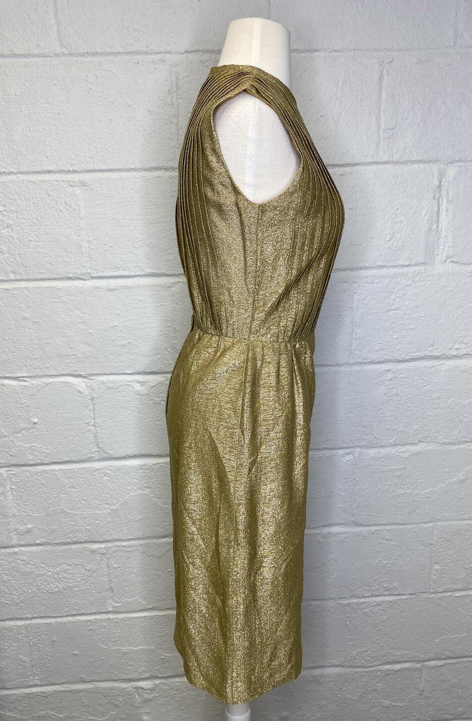VTG 50s 60s Gold Lame Cocktail Party Dress sz 10 Medium Pleated Normay Hostess