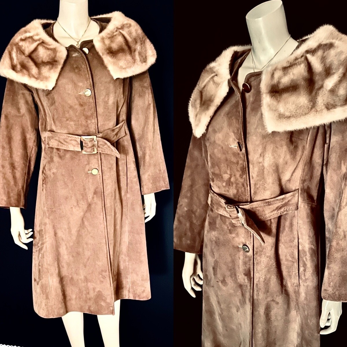 1960s, 1970s Mink Collared Light Cocoa Brown Suede Coat, Fitted, Belted, Sm- Med