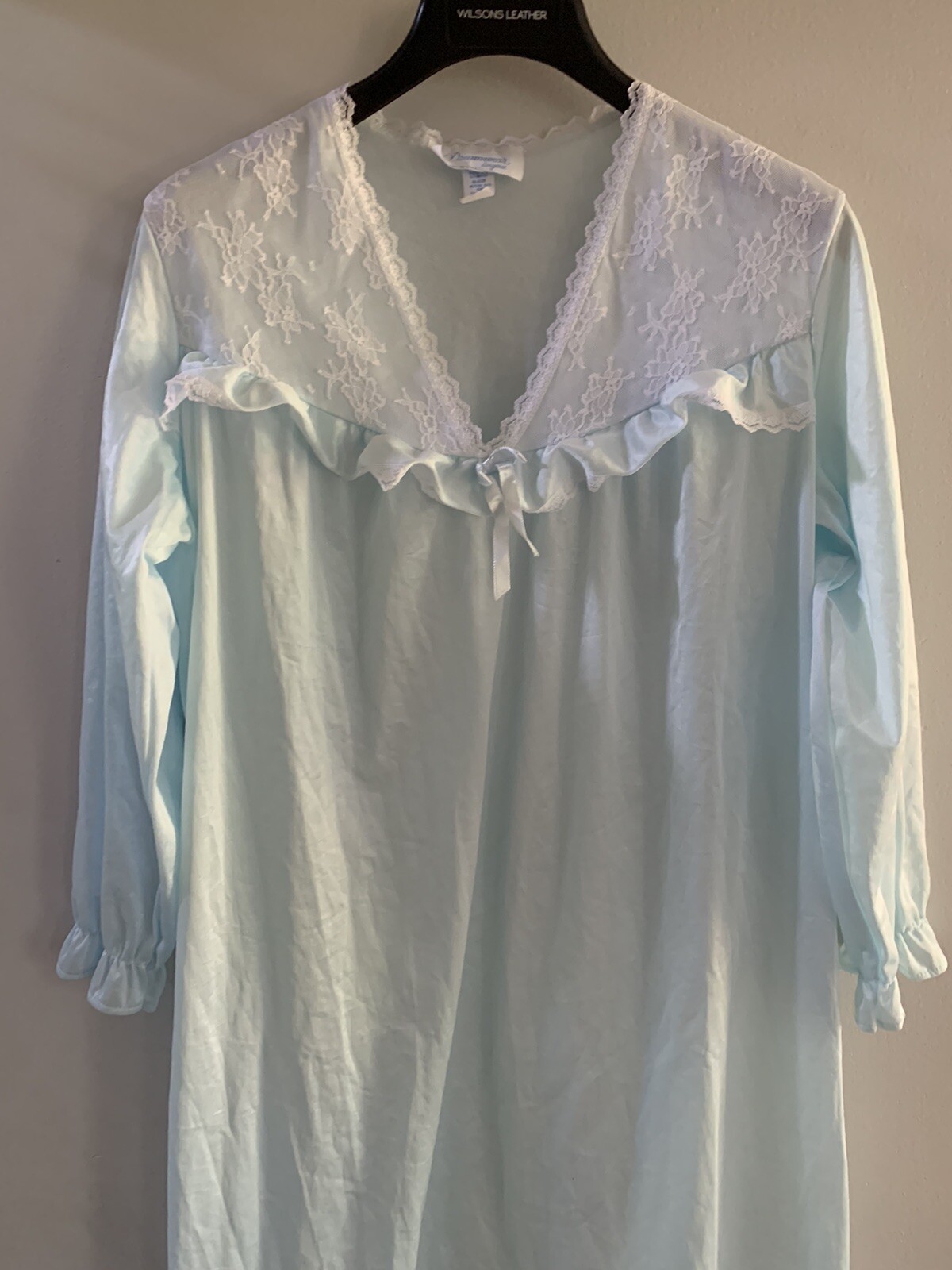 Vintage Nightgown Dreamwear Satin Blue with Lace Long Sleeve Medium