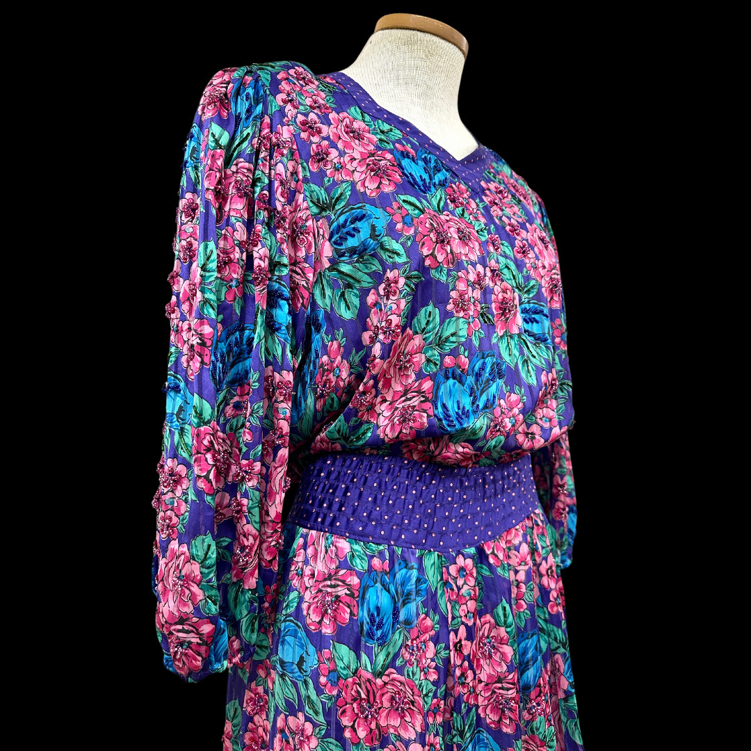 Vintage 1980s Diane Freis Beaded Purple Floral Midi Dress with Balloon Sleeves
