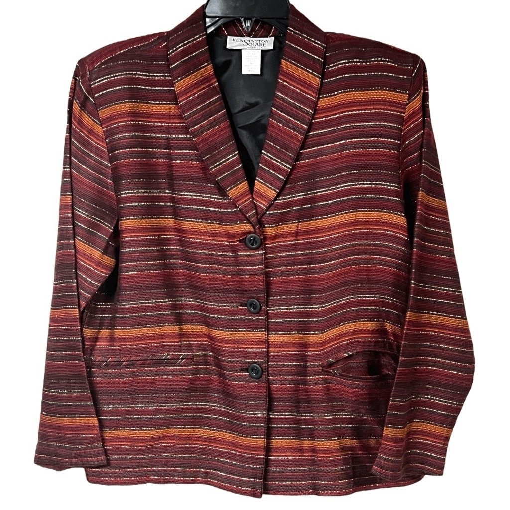 VTG Kensington Square Blazer Burgundy Multicolor Striped Single Breasted Retro S