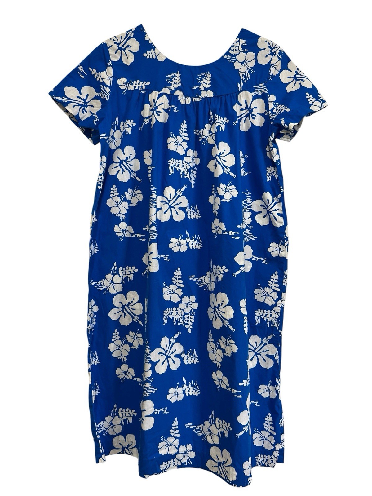 Vtg Ui-Maikai Traditional Hawaiian Muumuu Dress Blue White Hibiscus Size M/L