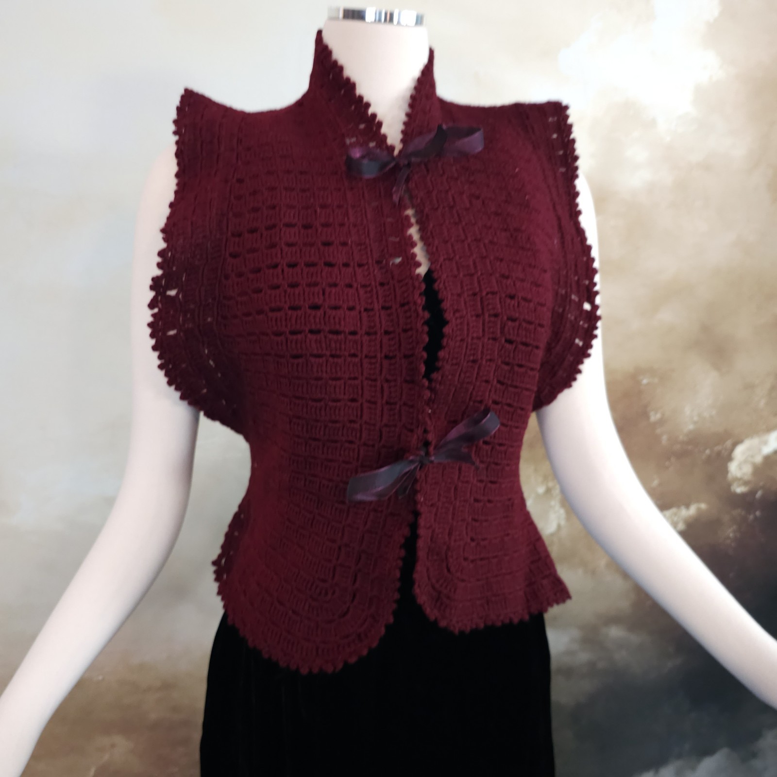 Burgandy Red Crochet Antique Vest 1920s 1930s Art Deco Sweater Shawl Bow Ties…