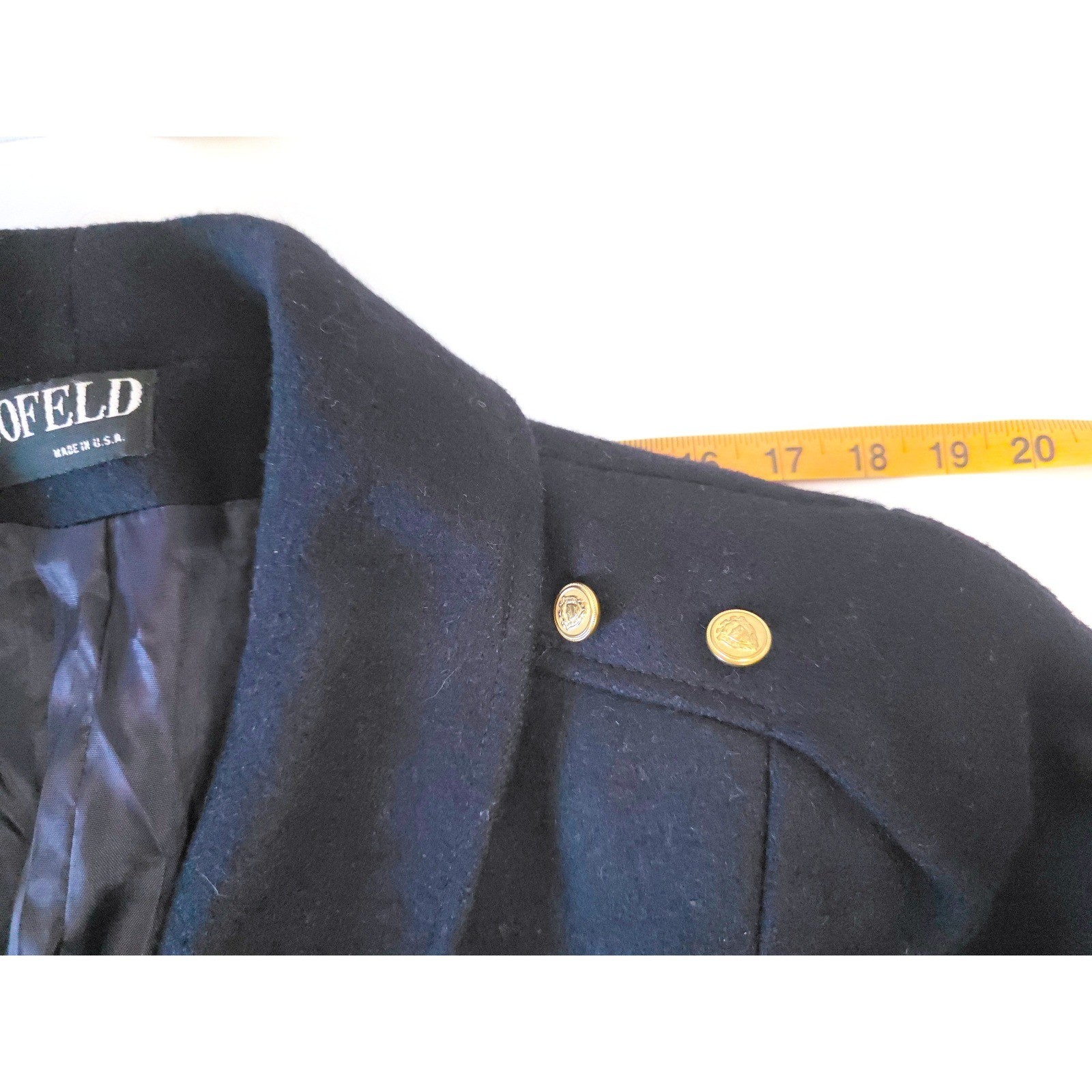 VTG JoFeld Andover Navy Wool Double Breasted Pea Coat Gold Crest Button L/XL?