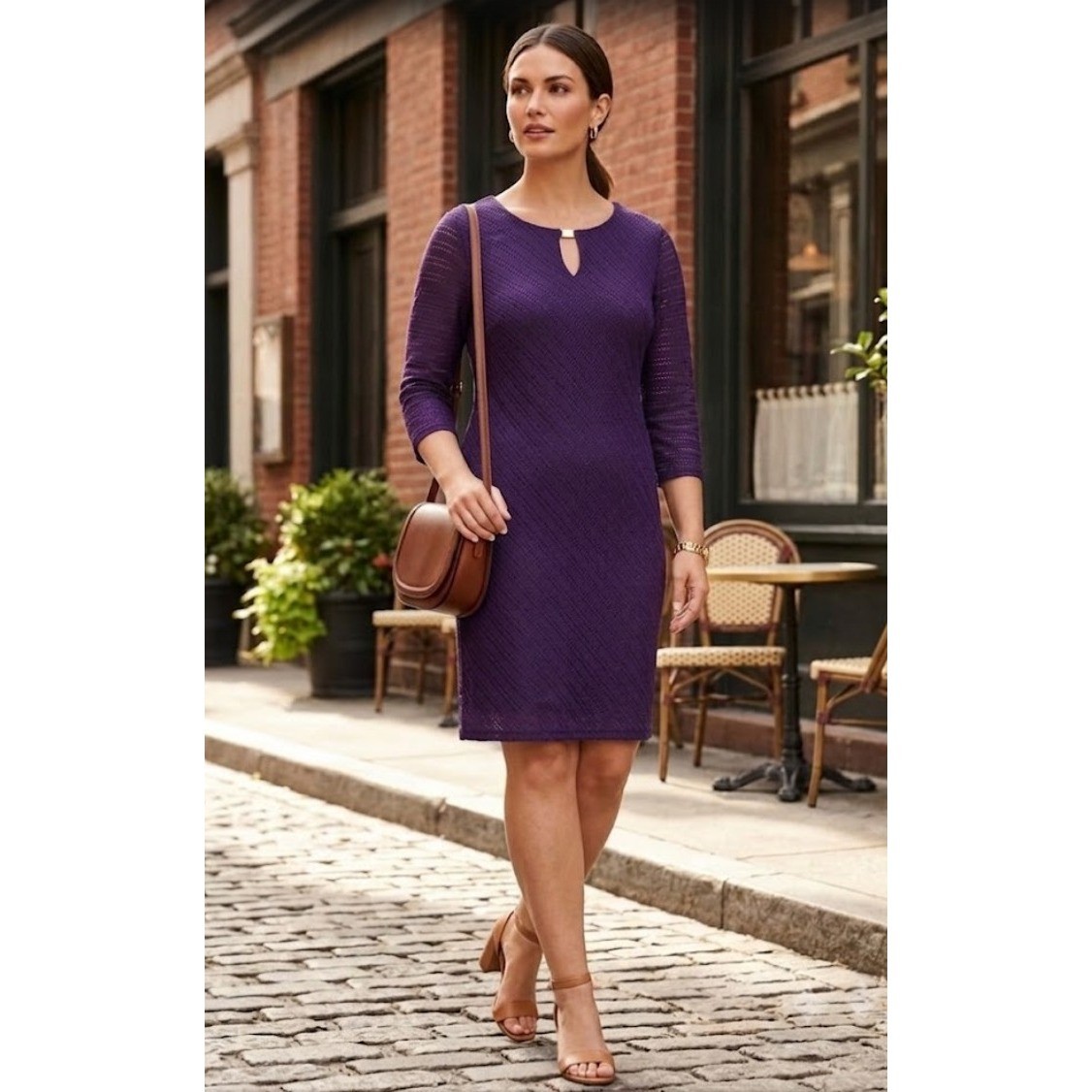 Vintage Sandra Darren Polyester Pointelle Knit Sheath Dress Purple Keyhole Neck