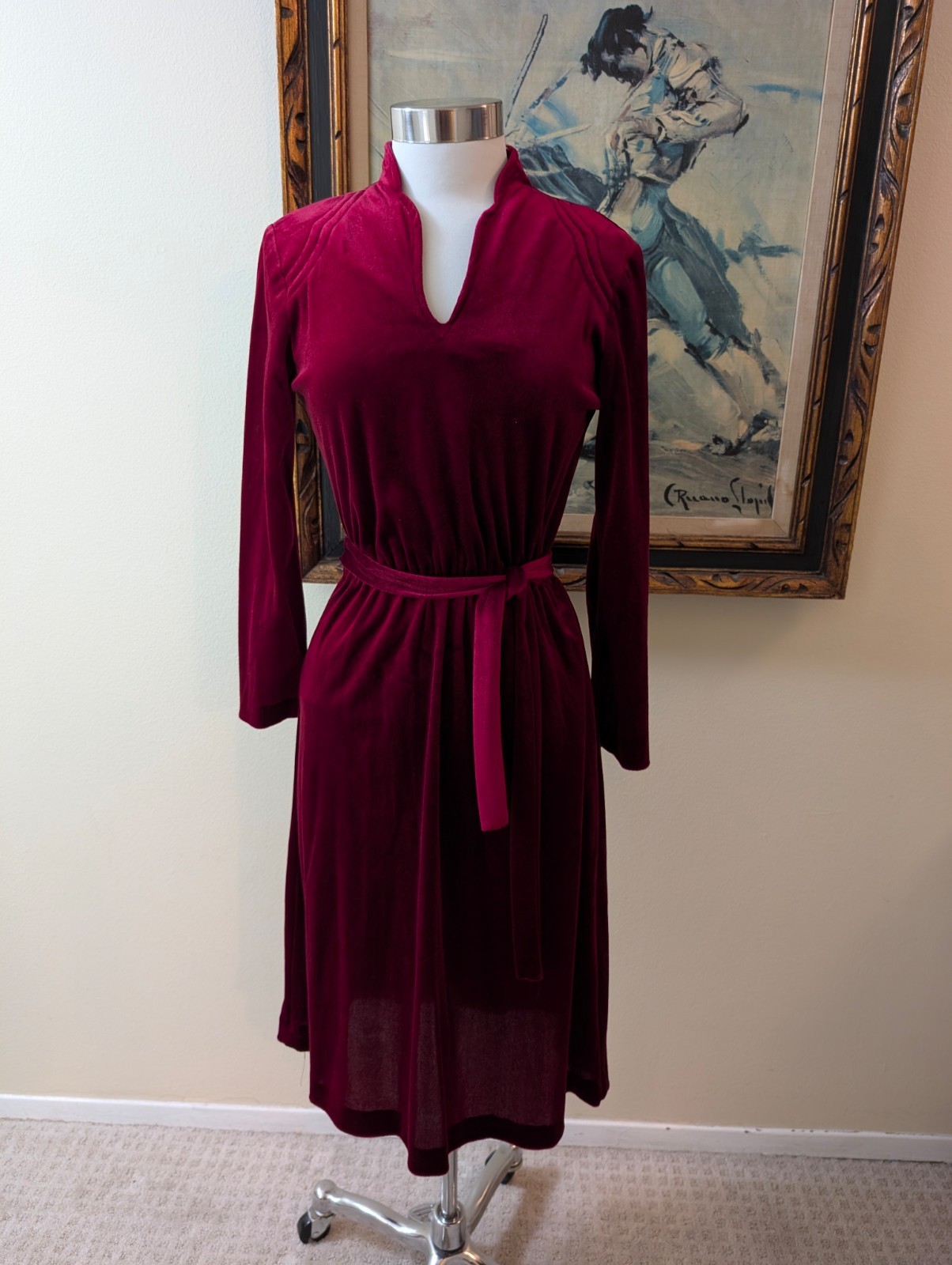 70s Style Burgundy Velveteen Dress