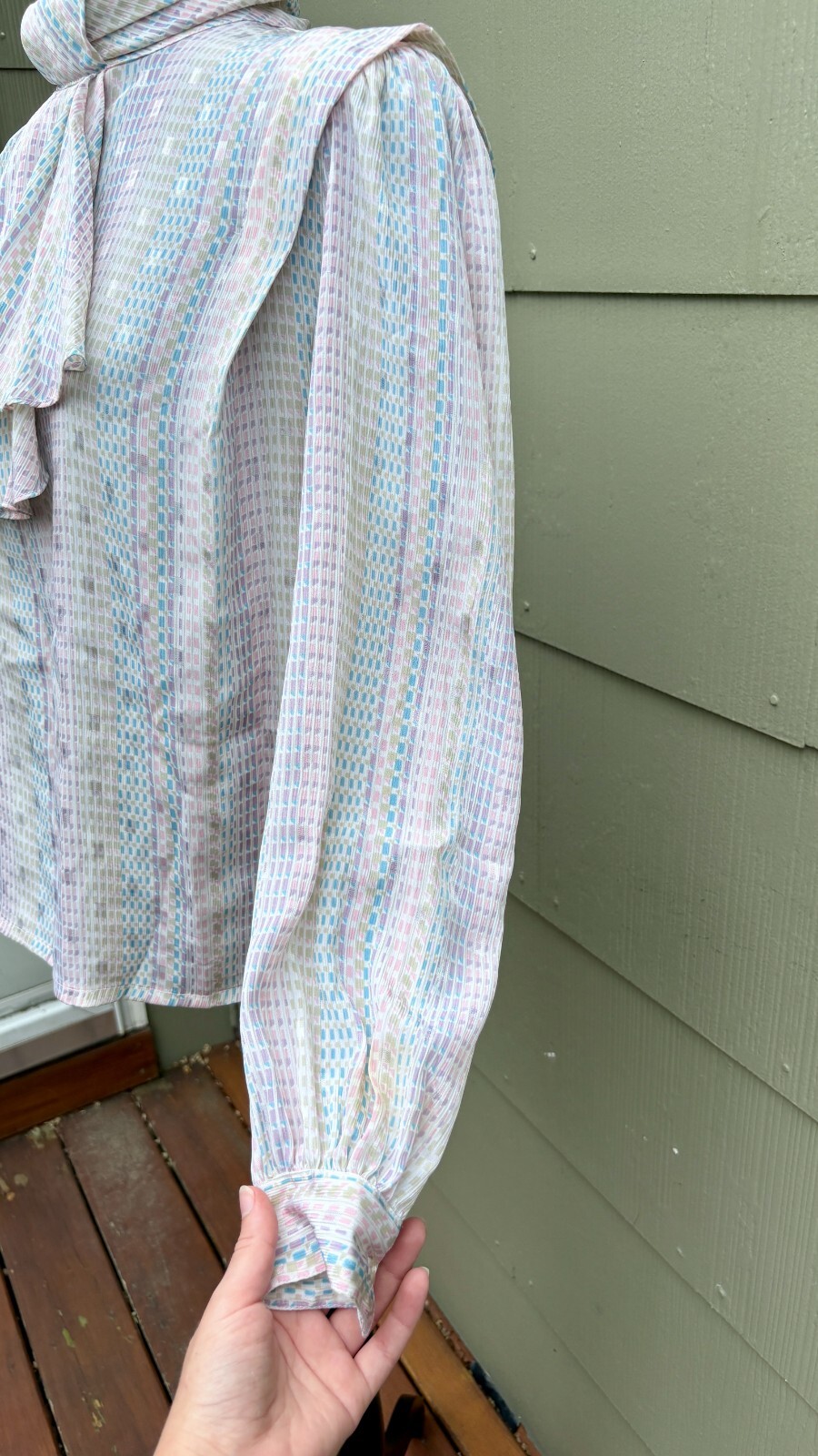 vtg Nicola 70s 80s Pastel Granny Silky Mock Neck Scarf Secretary Poet Blouse