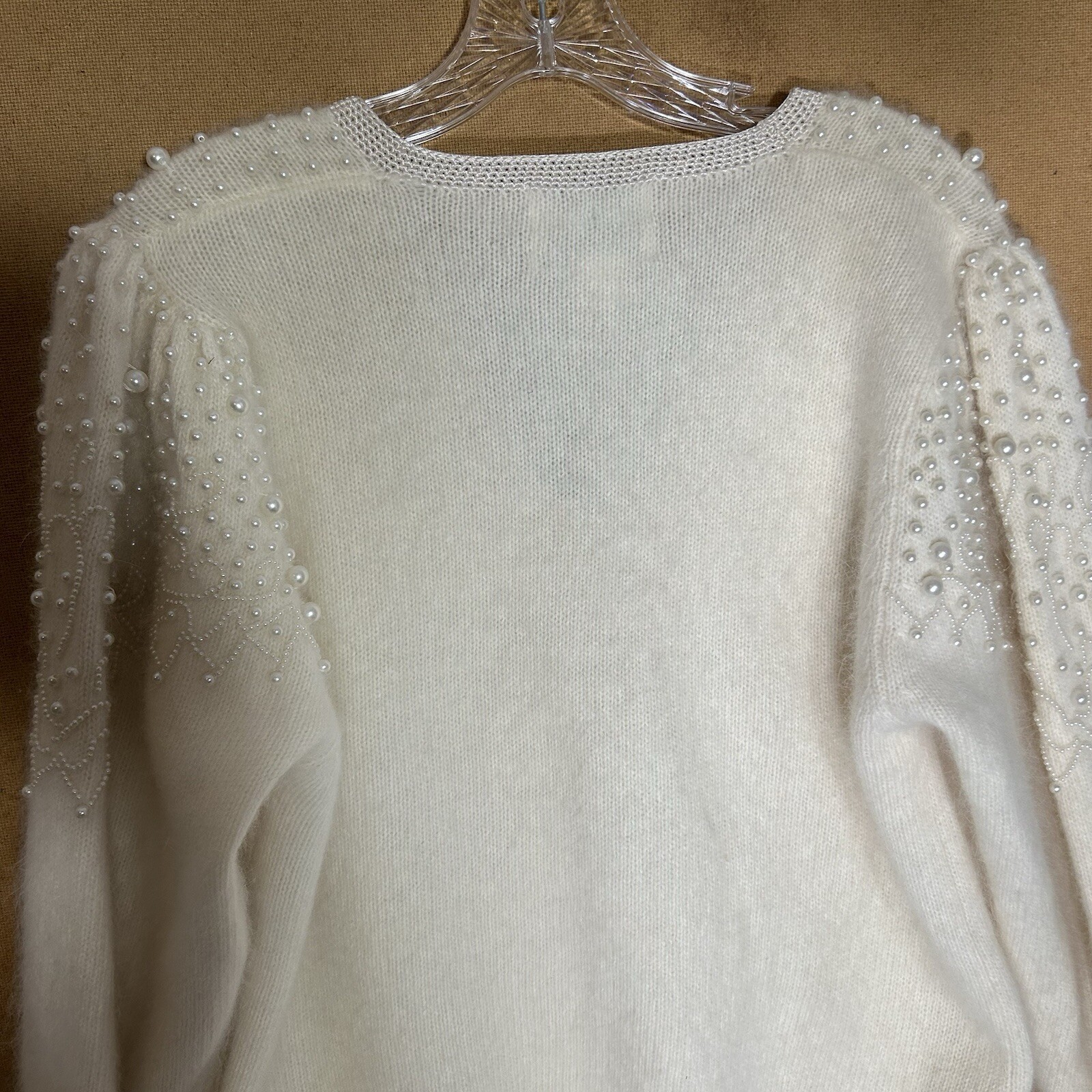 Vintage 80s Side Effects Beaded Ivory Wool Angora Rabbit Hair Sweater Sz M
