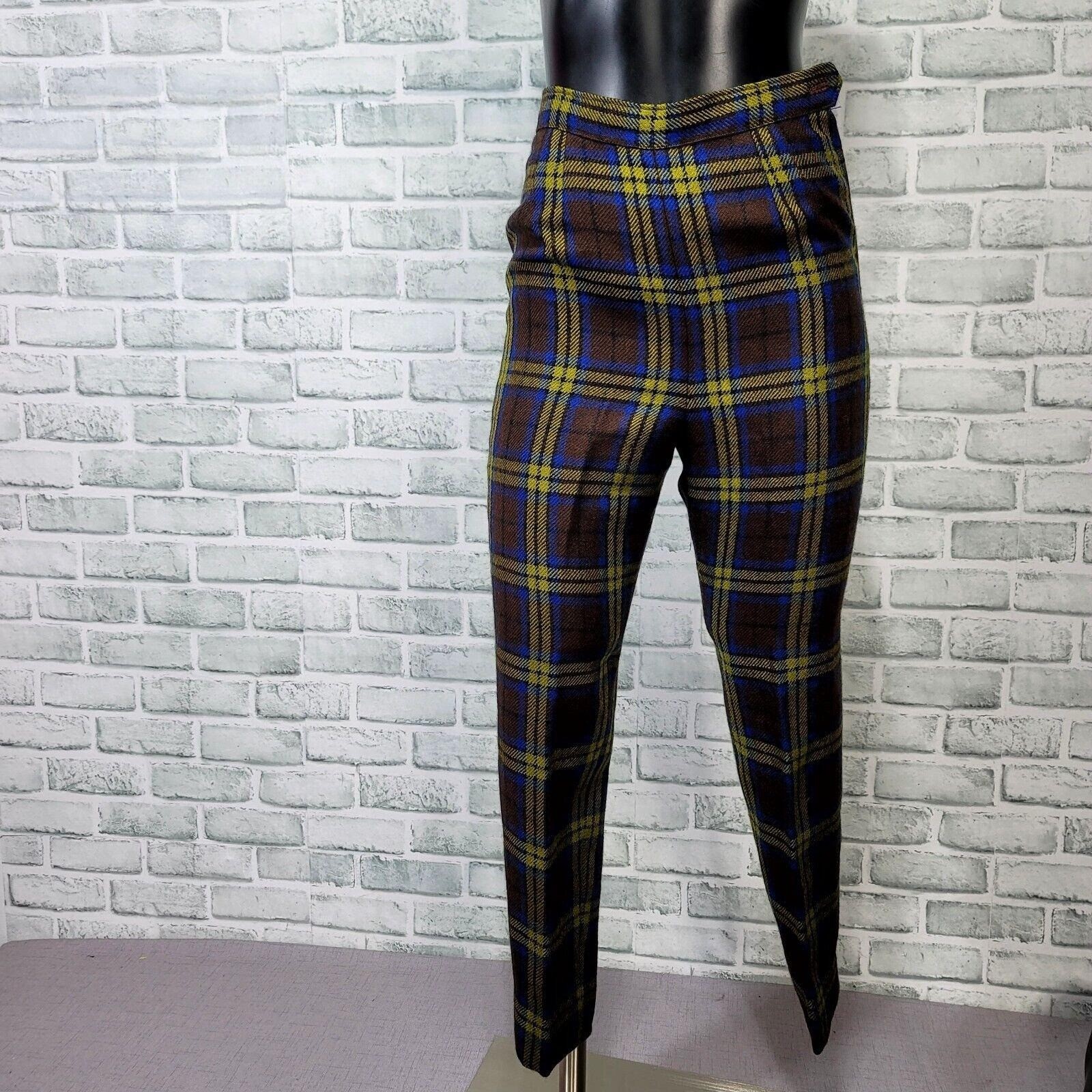 Vintage 60s Kajimatu Japan Wool Plaid Pantsuit Brown Blue Yellow Tartan Mod Set