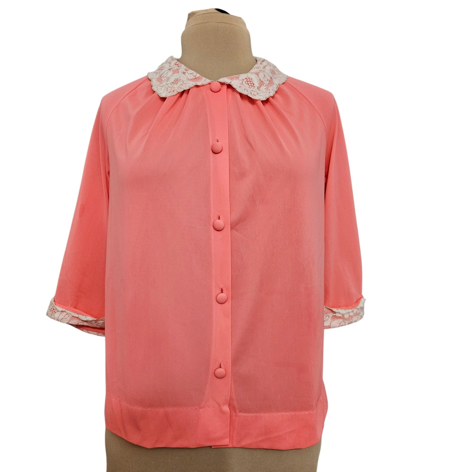 Vintage Gossard Artemis Coral Pink Lace Collar Button Front Bed Jacket Size 34