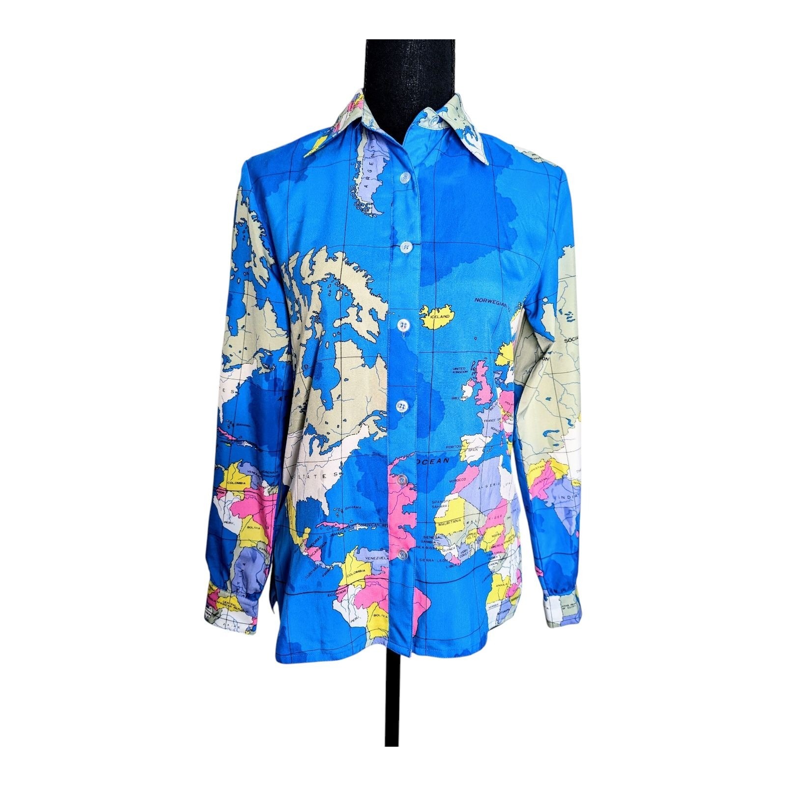Vtg 70s Disco Shirt King James Novelty Print World Map Topography Cartography S