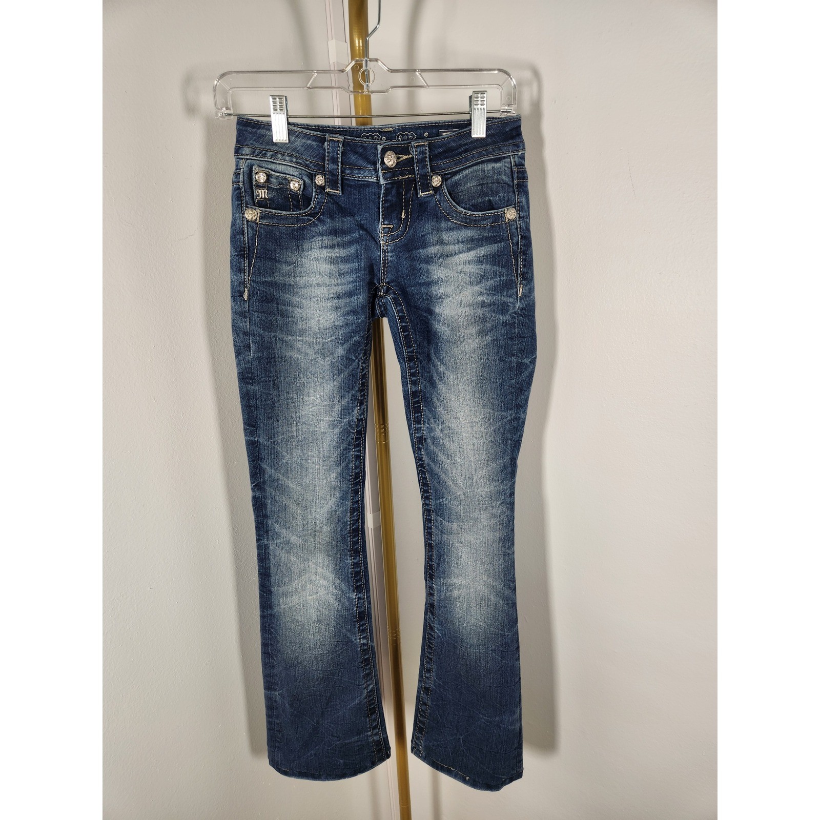 Miss Me Signature Rise Boot Jean Floral Rhinestone Embroidered Pocket Sz 24 Y2K