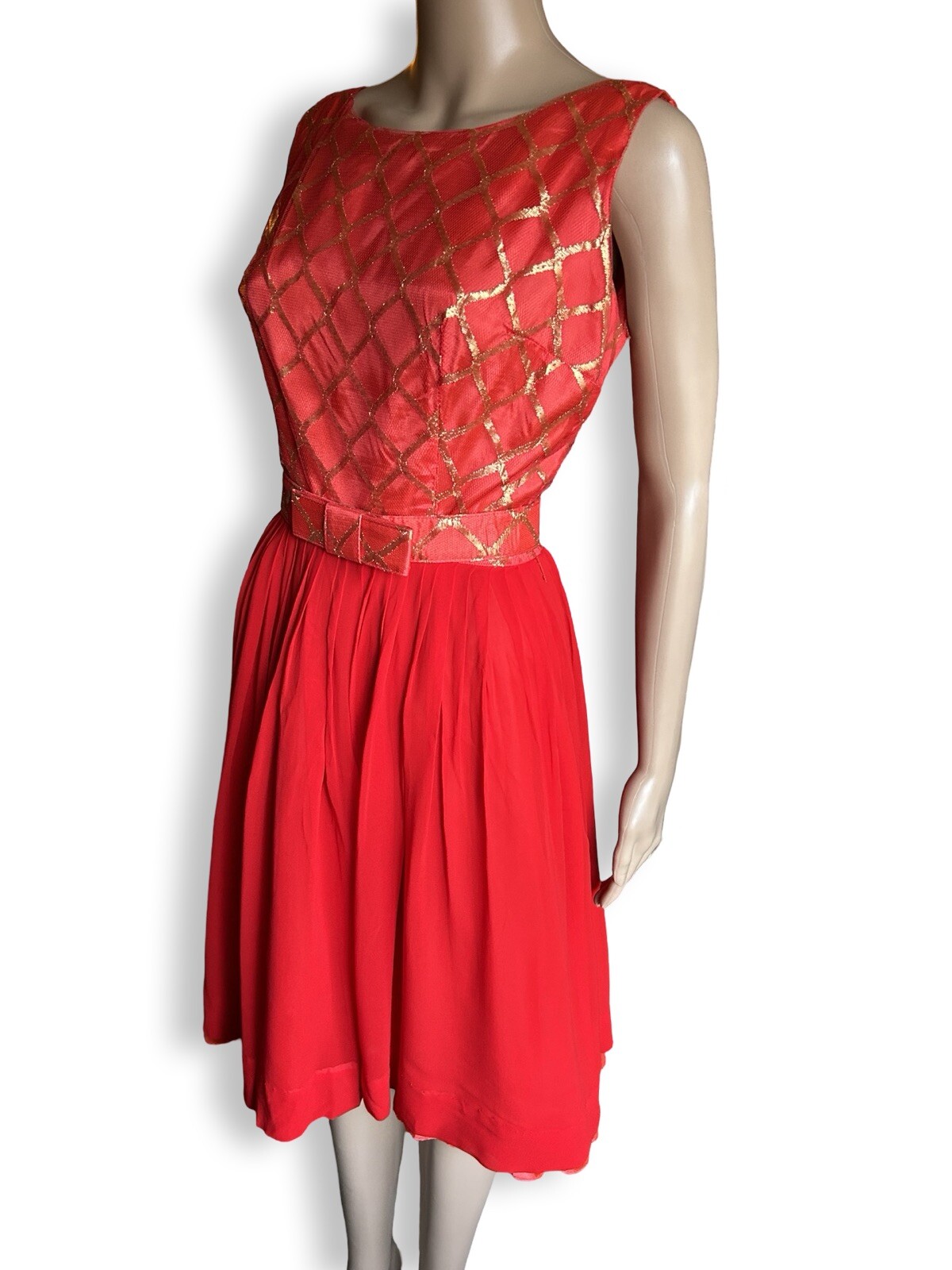 Vintage 1950s Gold Metallic Geometric Red Silk Chiffon Party Dress Holiday Xmas