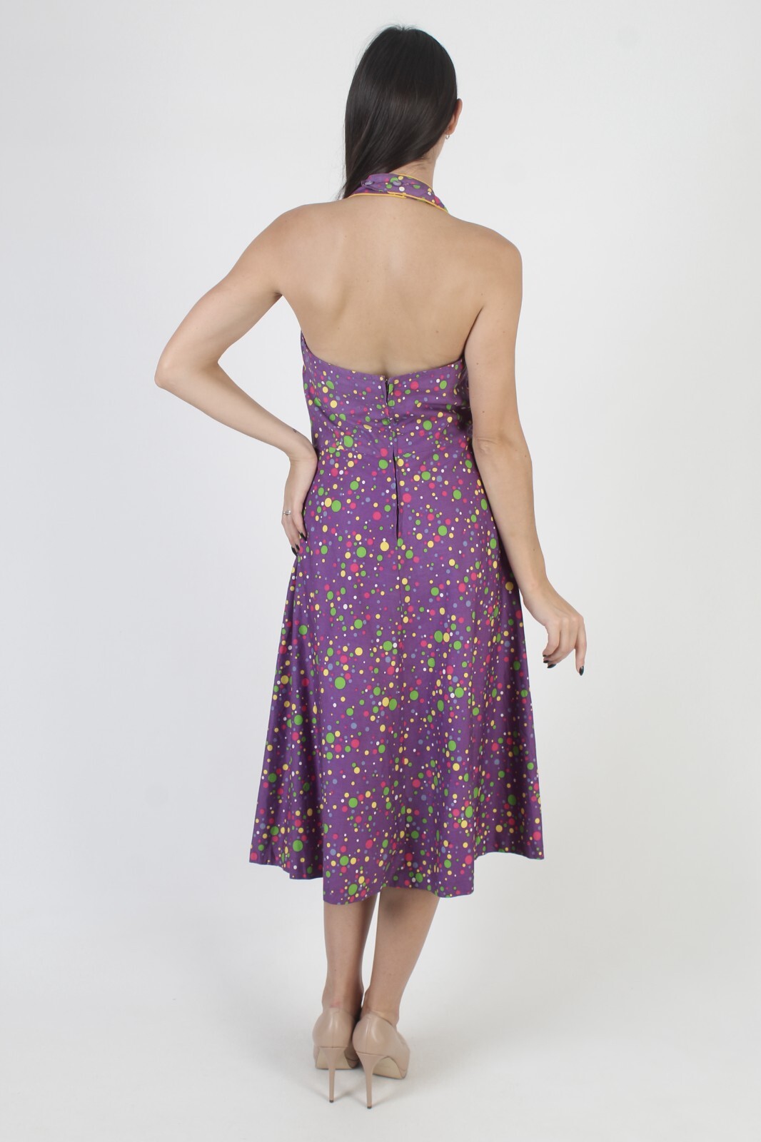 Vtg Rainbow Polka Dot Halter Dress Sweetheart Open Back Backless 70s Full Skirt