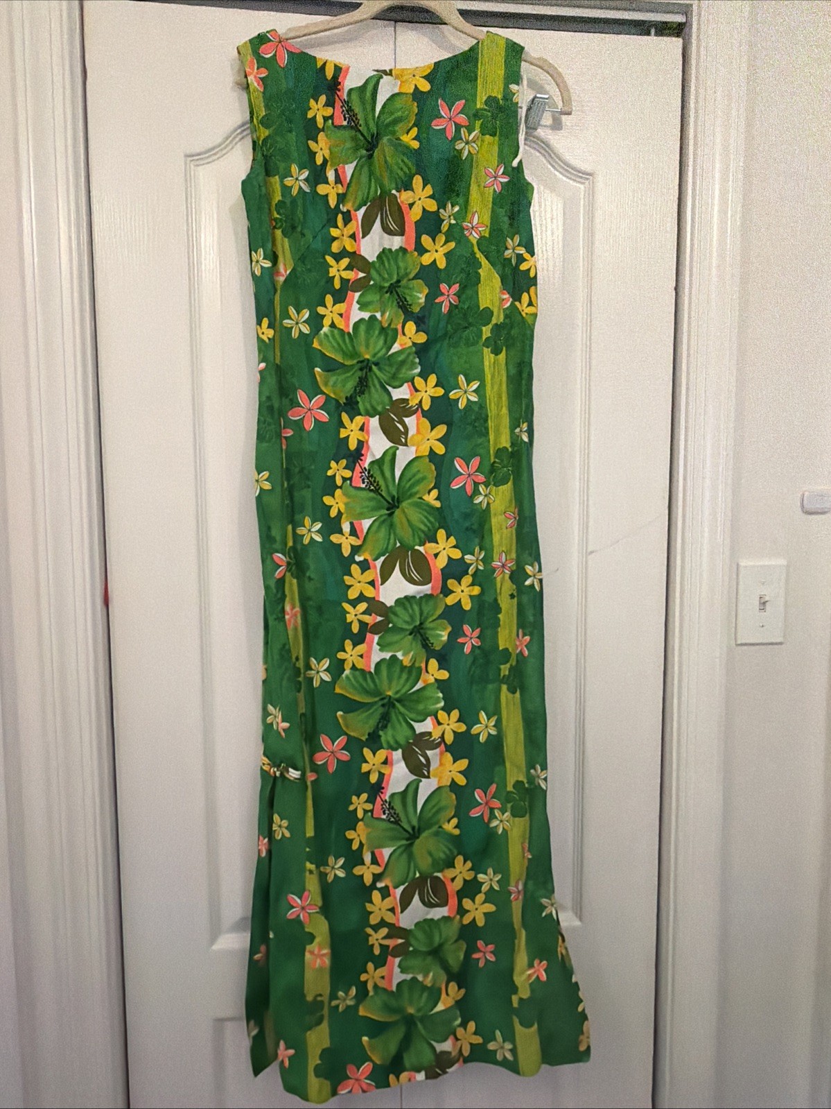 Vintage Royal Hawaii Green Yellow Pink Floral Hawaiian Maxi Dress Tiki Side Slit
