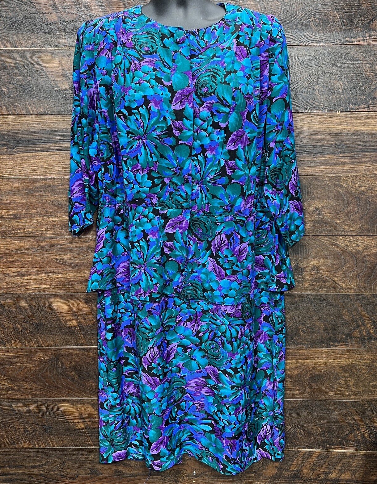 Sally III Vgt Dress 1980 Size 24 Black Teal Purple Floral Rayon Button Front