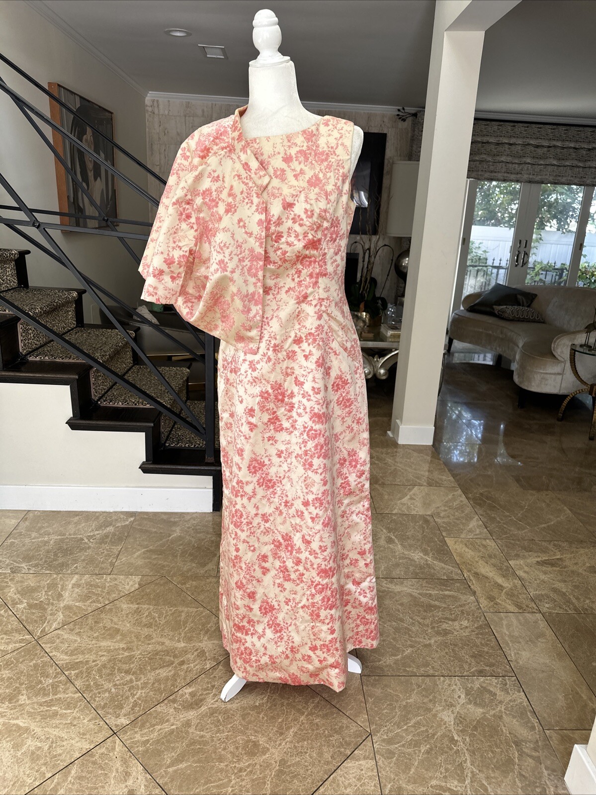 Vintage 60s Cream Satin & Pink Velvet Flocking Evening Gown With Jacket Size 6