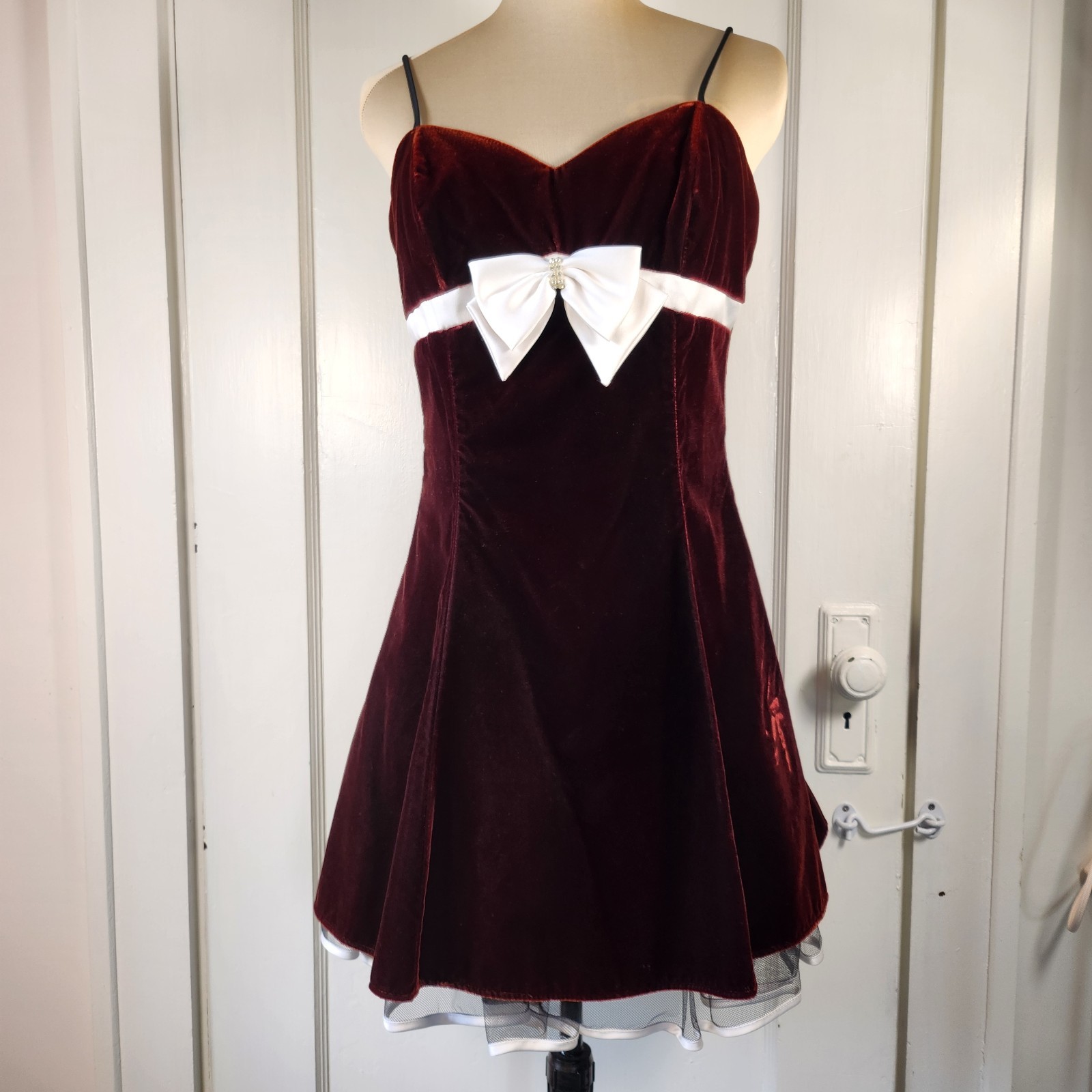 Vtg NWT 90s Y2K Empire Waist Bow Rhinestone Velvet Mini Dress Burgundy